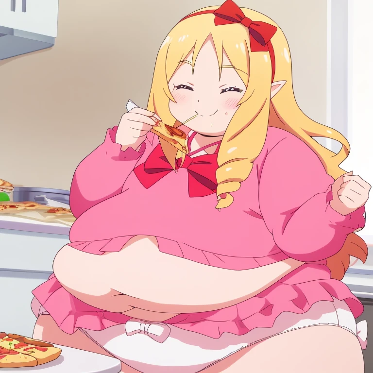 immobile yamada elf, pink dress, white panties, very obese body, cute, fat belly, big cheek, thick thighs, hairband, long_hair, red_bow, , 8k, closed kitchen, masterpiece, absurdres, anime, smile