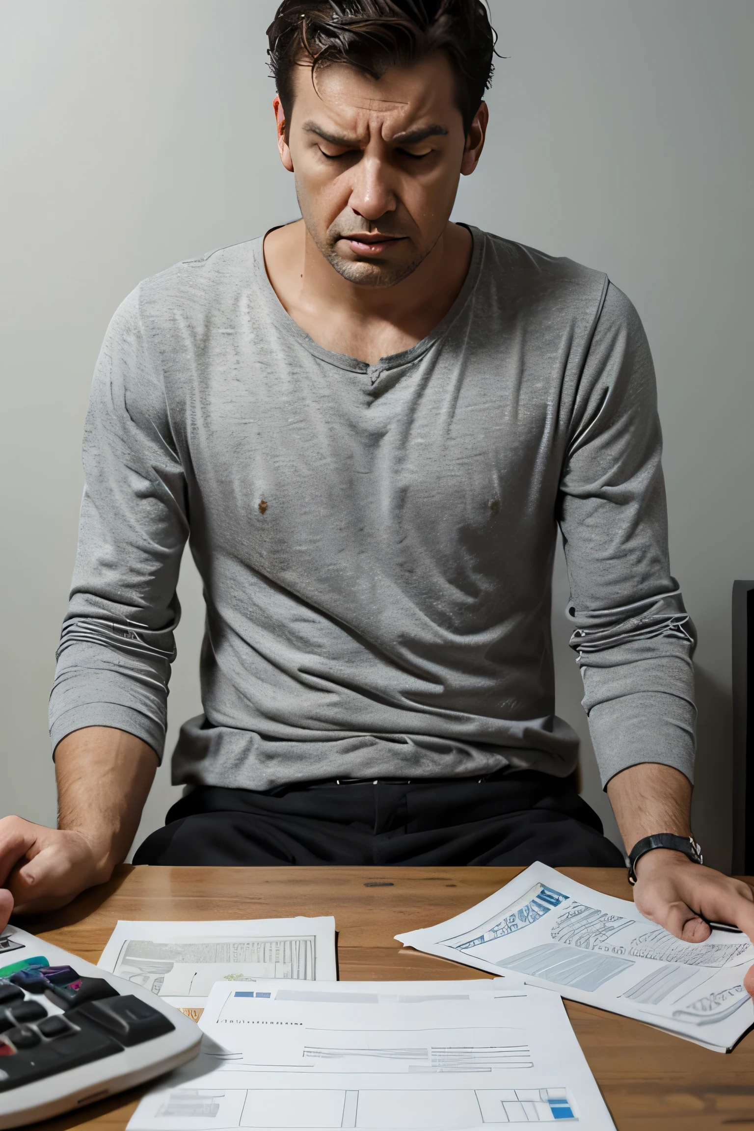 A poor man extremely frustrated with his own financial situation and full of bills around him