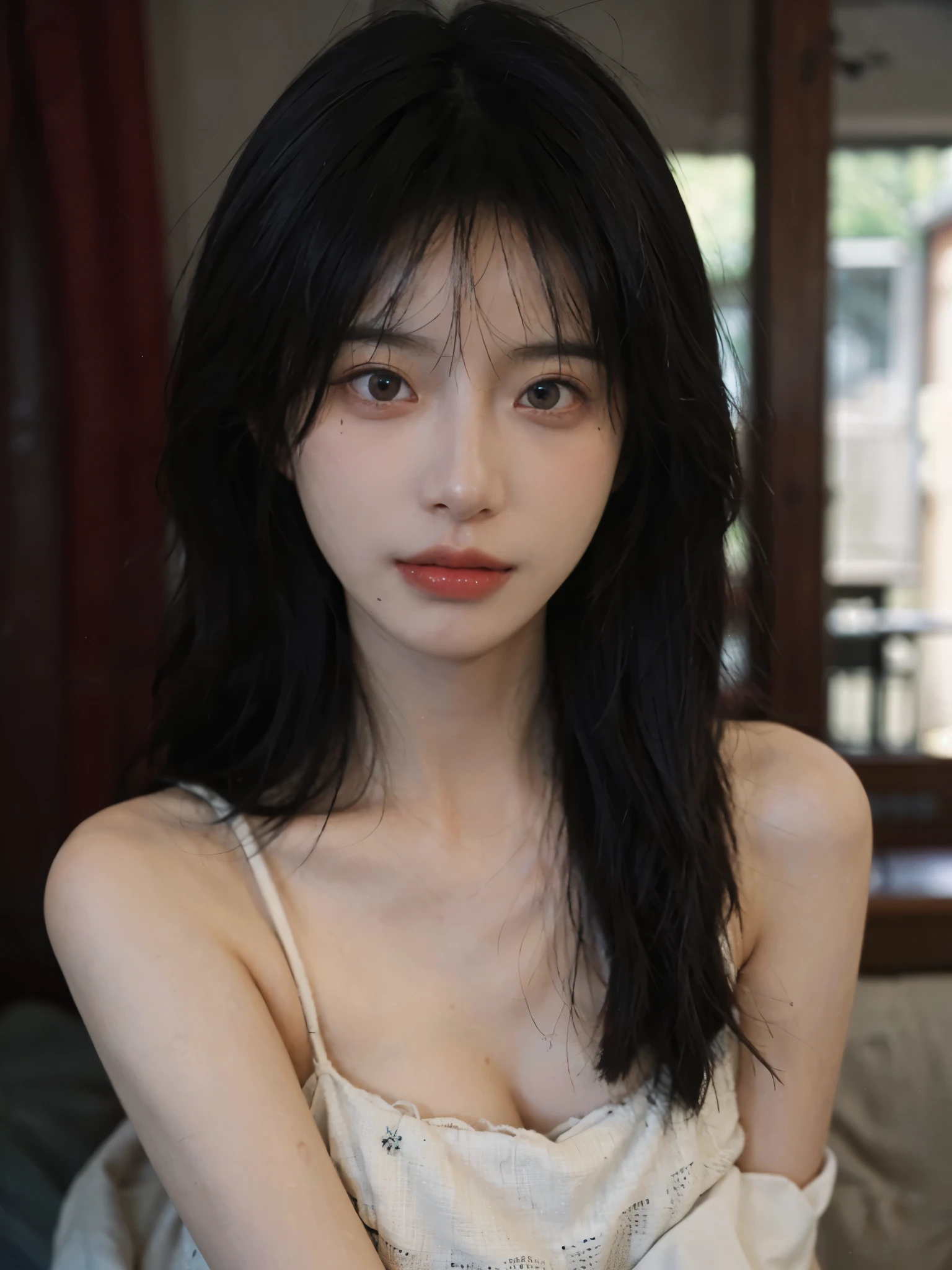 Film portrait photography, 1 girl, bare shoulders, Shoulder length wavy hair, serene, calm, (Realistic and detailed eyes, natural skin texture, Realistic facial details), Soft dramatic lighting, depth of field, Bokeh, Vibrant details, detailed meticulous, hyper-realistic, 35mm film, hazy, ,