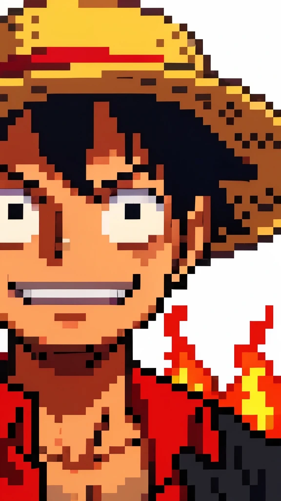 1boy, wanostyle, monkey d luffy, smiling, straw hat, solo, upper body, ((masterpiece)), (best quality), pixel art, (extremely detailed), depth of field, sketch, dark intense shadows, sharp focus, soft lighting, hdr, colorful, good composition, fire all around, spectacular, closed shirt, anime screencap, scar under eye, ready to fight, black eyes Pixel Art Style, Isometric Perspective ,