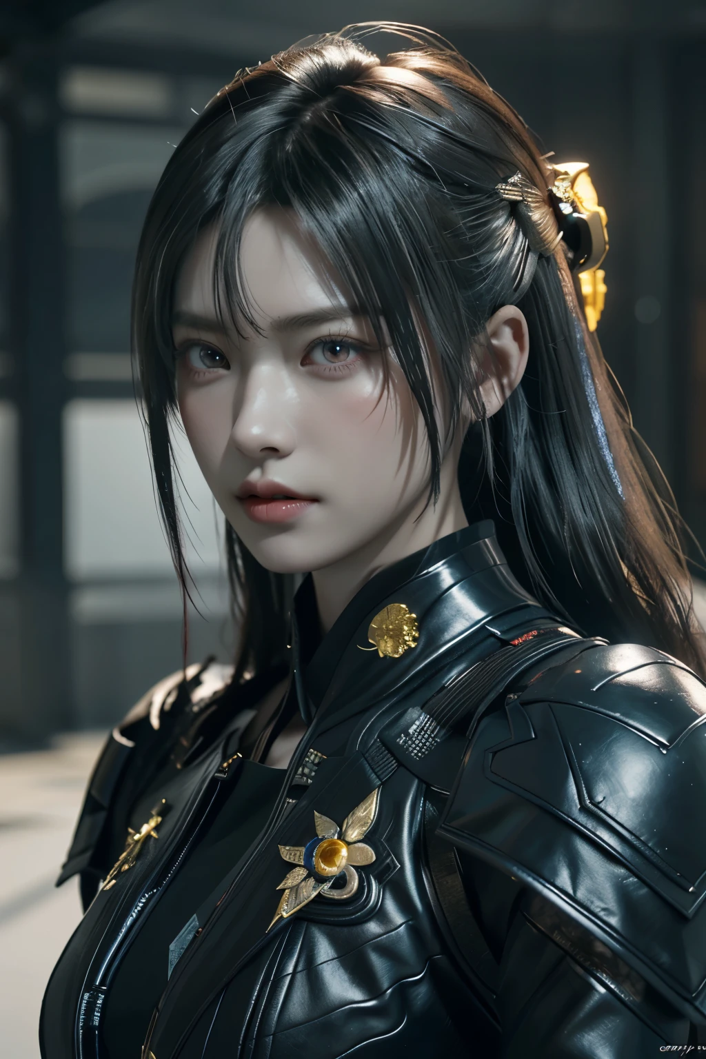 Game art,The best picture quality,Highest resolution,8K,(A bust photograph),(Portrait),(Head close-up),(Rule of thirds),Unreal Engine 5 rendering works, (The Girl of the Future),(Female Warrior), 22岁少女,(Female hackers),(White,Ancient Oriental hairstyle),((The pupils of the red eyes:1.3)),(A beautiful eye full of detail),(Big breasts),(Eye shadow),优雅迷人,冷漠,((Anger)),(Cyberpunk jacket full of futuristic look,Joint Armor,There are exquisite Chinese patterns on the clothes,A flash of jewellery),赛博朋克人物,未来风格, 拍照姿势,城市背景,Movie lights,Ray tracing,Game CG,((3D Unreal Engine)),oc渲染反射纹