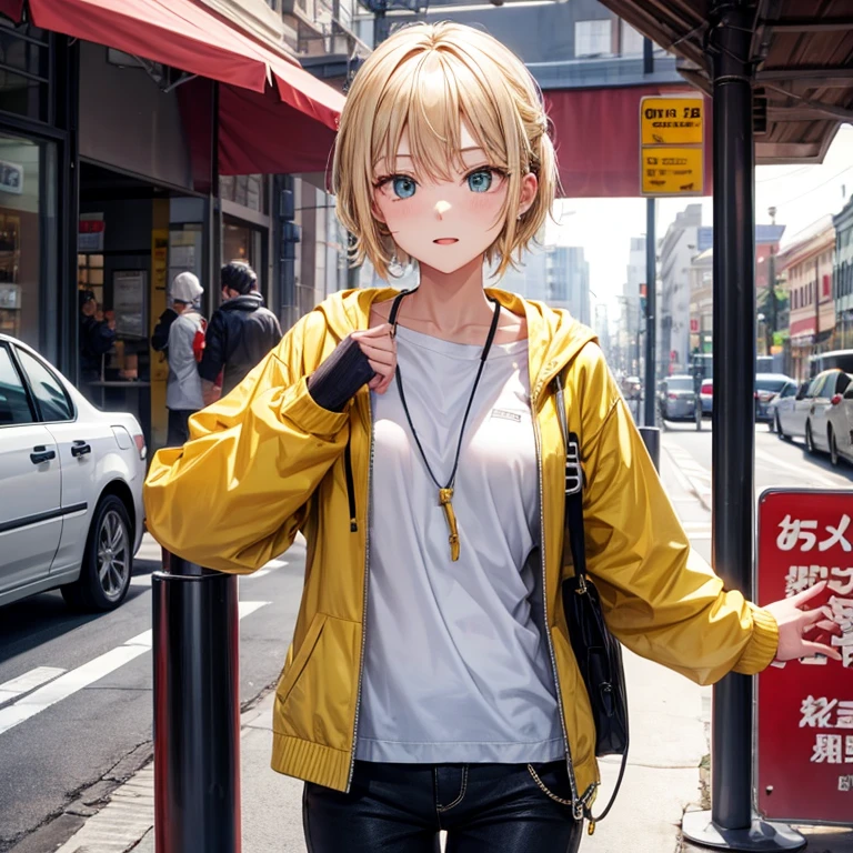 yellow hoodie、headphone、blonde、neutral face、green eyes、pants、town、黒いpants