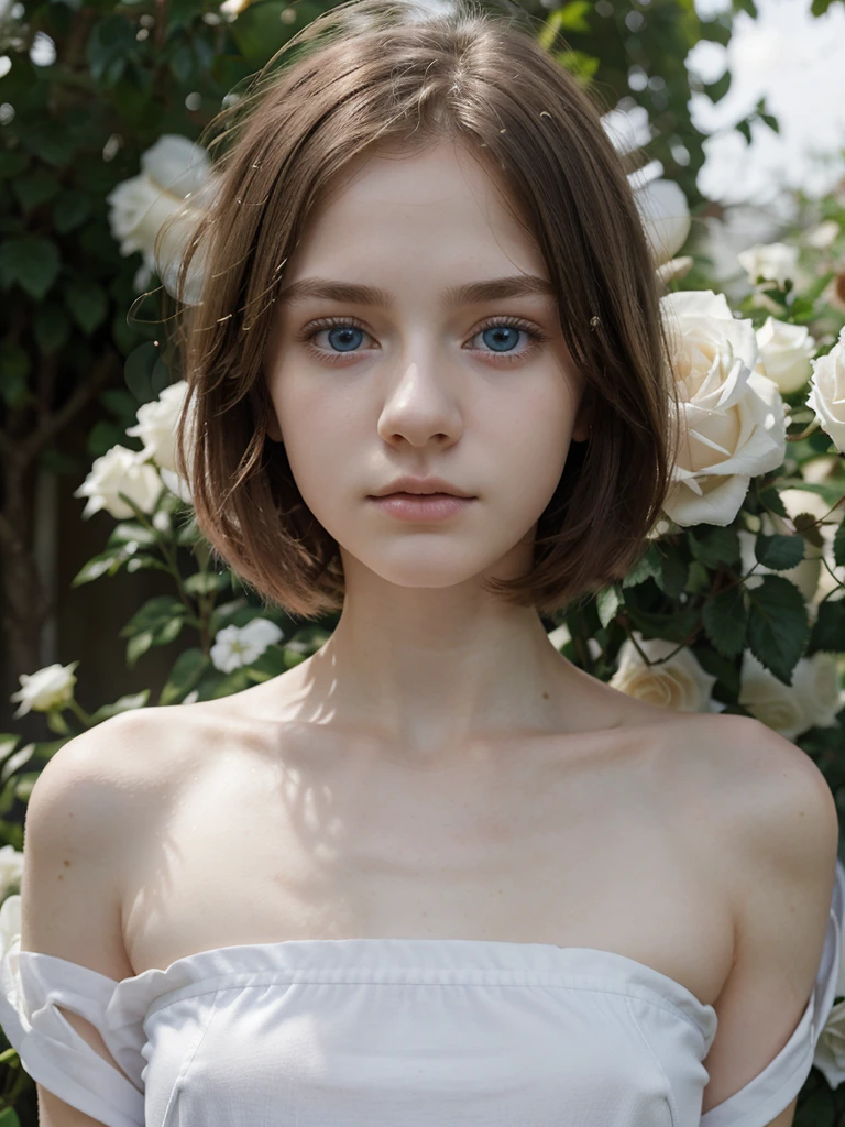 Best quality, hyperrealistic, details, 8k, ager, fifteen years old, shy, sad, paleness, big blue eyes, very white skin, very small nose, short brown hair with melancholy, very Beautiful, very thin body, garden Of White roses, Soft light, uniform universiy