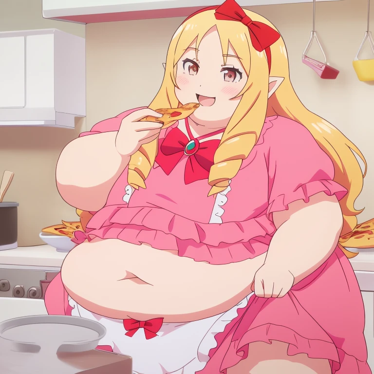 obese yamada elf, pink dress, white panties, very obese body, cute, fat belly, big cheek, thick thighs, hairband, long_hair, red_bow, , 8k, kitchen, masterpiece, absurdres, smile, open mouth, eating pizza