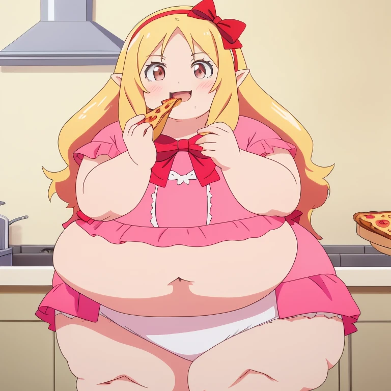 obese yamada elf, pink dress, white panties, very obese body, cute, fat belly, big cheek, thick thighs, hairband, long_hair, red_bow, , 8k, kitchen, masterpiece, absurdres, smile, open mouth, eating pizza