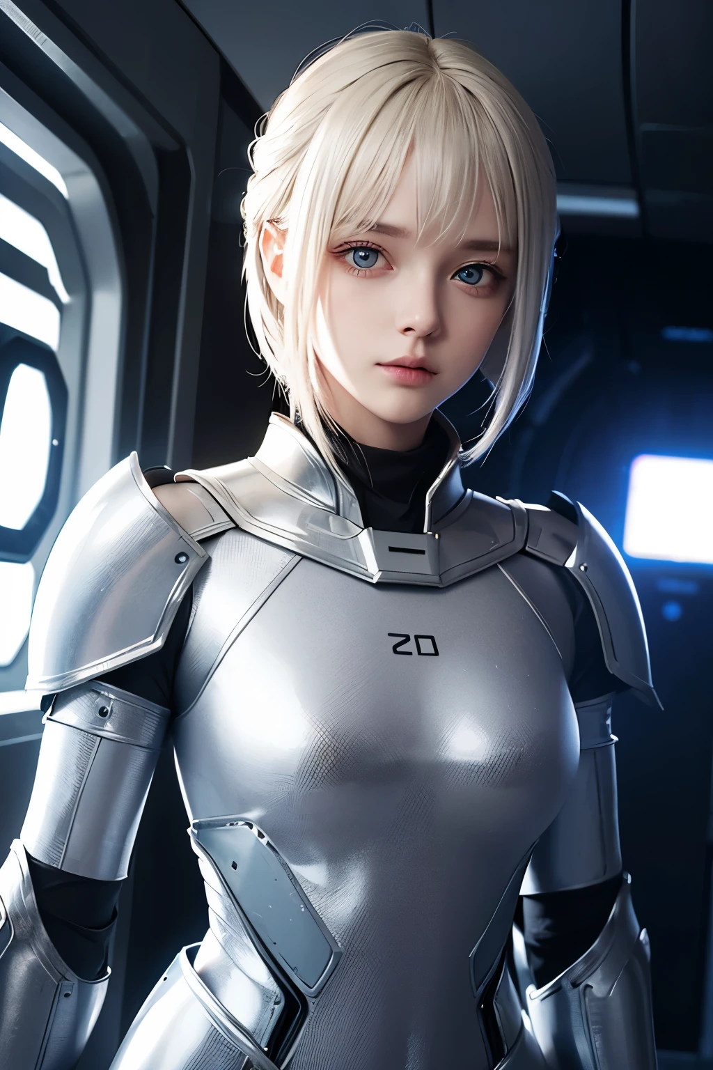 Upper body close-up image.A cute woman wearing beautiful silver-white armor. Blonde hair and blue eyes. Short hair. eighteen. She is standing in the hallway of the spaceship. The spaceship is made of black metal. Serious look.