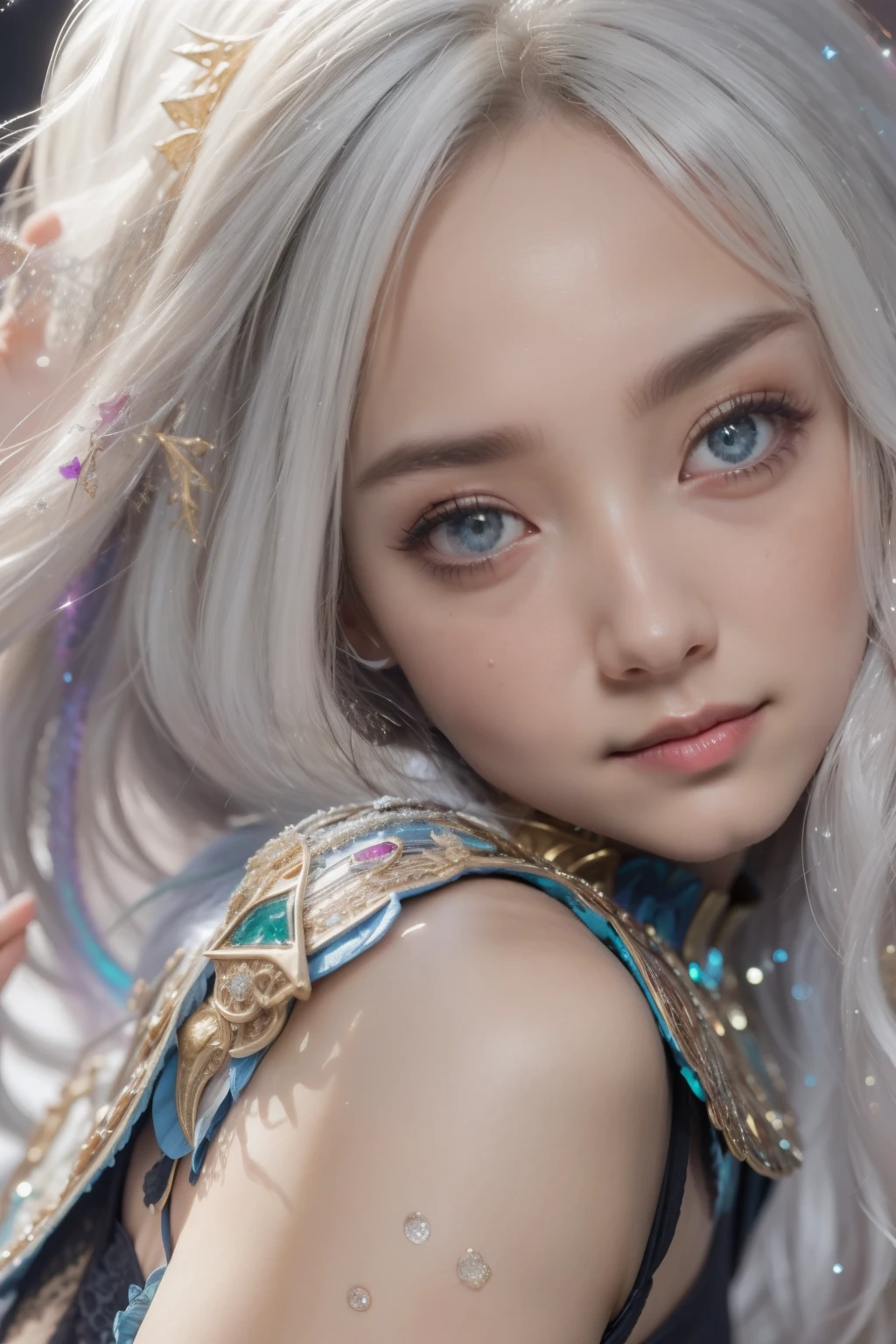 One beautiful teenage italian girl, (18 years old:1.3)、 (Magic Attack Pose:1.6),(magical effects like sparkles or energy:1.6), (Electric shock from hands:1.6), Beautiful seductive face, Portrait, (Thick eyebrows:1.2), (Big purple eyes:1.2), Beautiful eyes with fine symmetry, (Ultra detailed eyes:1.4), (High resolution eyes:1.1), Intimate face, (ultra detailed skin texture:1.4), White skin, pale skin, Perfect Anatomy, Thin, (Beautiful toned body:1.1), Hair Bow, (Moist skin:1.1), full of sweat, No makeup, dark circles, Good anatomy, Focus Face, good-looking, (Emilia Clark:0.6) (Emma watson:0.3),(Jennifer Connelly:0.4), (sensual face:1.5), Elegant face, Nice, Dolce, Cyberpunk Sci-Fi, (Gauntlets with intricate and beautiful designs:1.2), Blurred background, Blurred foreground, depth of fields, (Motion Blur:1.1), (Small breasts:1.2), Sheer breast, (beautiful boob:1.2), (NSFW:1.2), large hips, drivel, grabbing on breasts, (Slim and toned body:1.5), (Low-cut punk medieval armor:1.2), (Bright chrome gold lingerie with sharp reflections:1.2) (Pedras preciosas:1.2), full of sweat, Wetty, (Detailed iridescent bodysuit with beautiful fractal or marble design:1.5), (Beautiful and d delicate ruby or topaz or emerald or sapphire jewelry:1.2), Complex and colorful biomechanical bodysuit, Zentangle, mandalas, Entangled, Vulgarity, beutiful breast,