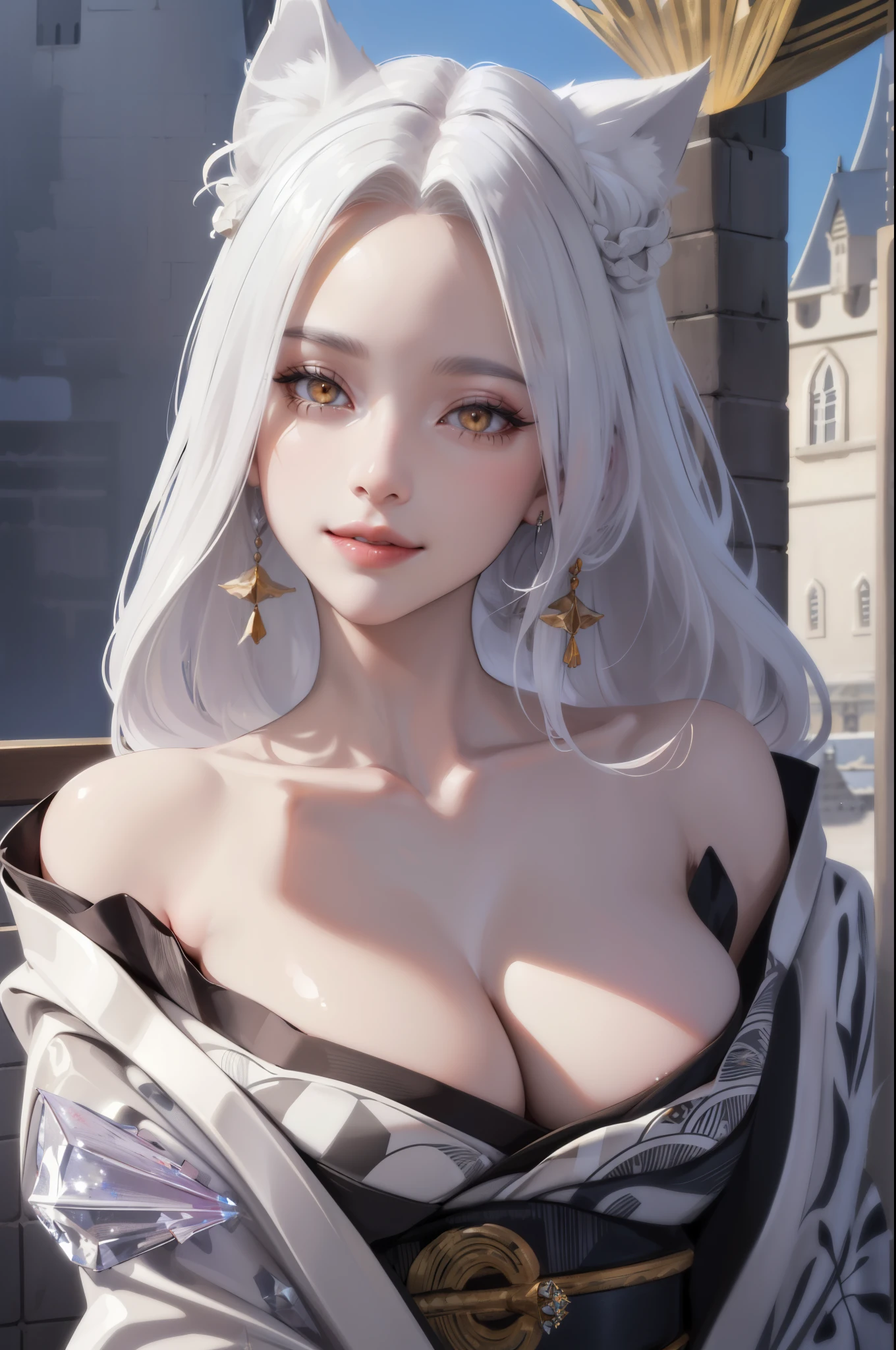 (masterpiece:1.2, best quality), (real picture, intricate details), (1lady, solo), upper body, close-up face, casual, natural fabrics, smile, Top Quality, Masterpiece, Hi-Res, Beautiful Face, photography, High Resolution, 4k, 8k, Asian face, platinum arm sleeve, detailed face, detailed eye, exposed shoulder, (((golden eyes, platinum cat ears, giant breast:1.5, platinum hair:1.5, crystal kimono:1.5, long curly hair:1.5, forehead, long locks))), ((platinum hair:1.5, crystal kimono:1.5)), ((background castle: 1.5)), crystal crown,