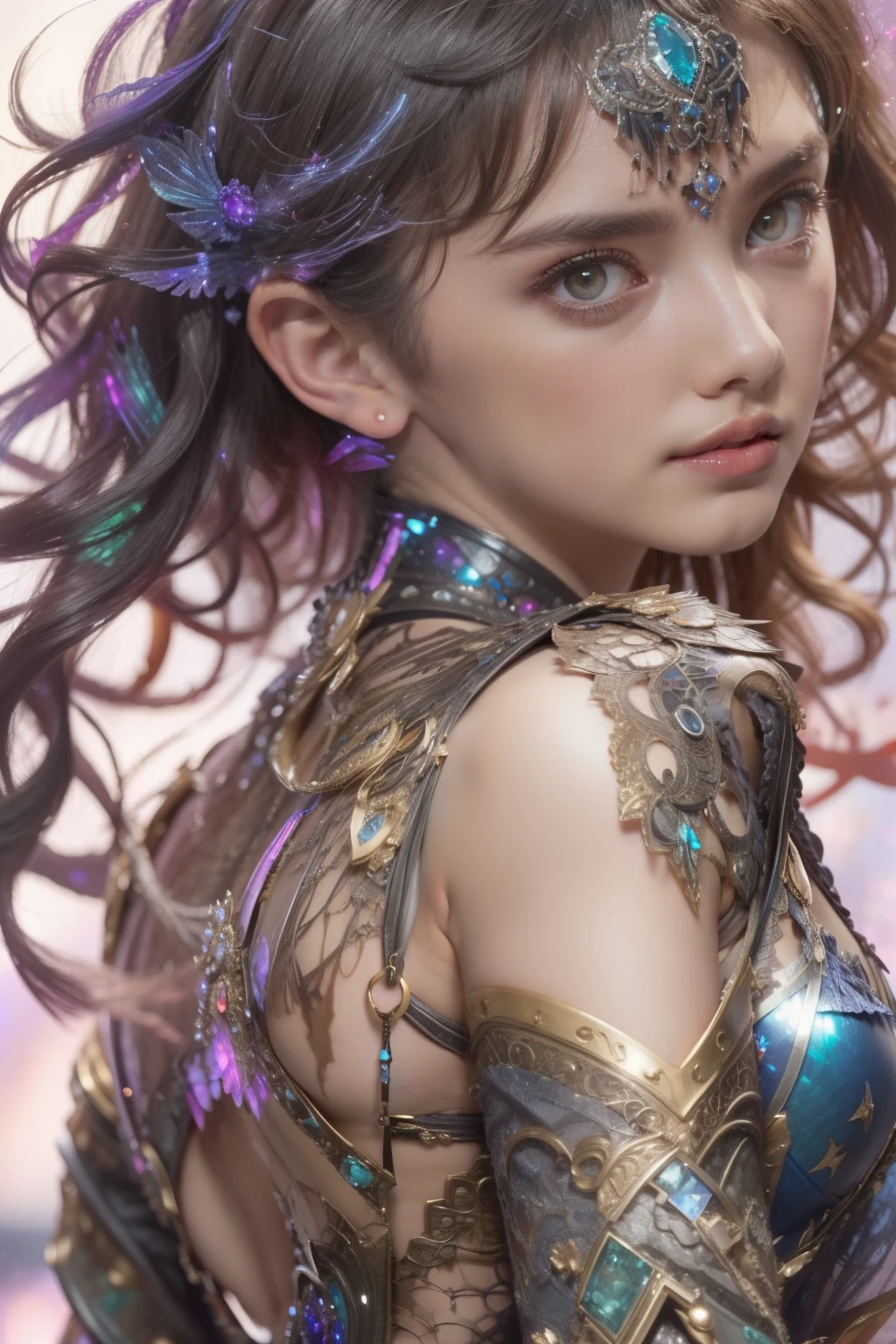 One beautiful teenage italian girl, (18 years old:1.3)、 (Magic Attack Pose:1.6),(magical effects like sparkles or energy:1.6), (Electric shock from hands:1.6), Beautiful seductive face, Portrait, (Thick eyebrows:1.2), (Big purple eyes:1.2), Beautiful eyes with fine symmetry, (Ultra detailed eyes:1.4), (High resolution eyes:1.1), Intimate face, (ultra detailed skin texture:1.4), White skin, pale skin, Perfect Anatomy, Thin, (Beautiful toned body:1.1), Hair Bow, (Moist skin:1.1), full of sweat, No makeup, dark circles, Good anatomy, Focus Face, good-looking, (Emilia Clark:0.6) (Emma watson:0.3),(Jennifer Connelly:0.4), (sensual face:1.5), Elegant face, Nice, Dolce, Cyberpunk Sci-Fi, (Gauntlets with intricate and beautiful designs:1.2), Blurred background, Blurred foreground, depth of fields, (Motion Blur:1.1), (Small breasts:1.2), Sheer breast, (beautiful boob:1.2), (NSFW:1.2), large hips, drivel, grabbing on breasts, (Slim and toned body:1.5), (Low-cut punk medieval armor:1.2), (Bright chrome gold lingerie with sharp reflections:1.2) (Pedras preciosas:1.2), full of sweat, Wetty, (Detailed iridescent bodysuit with beautiful fractal or marble design:1.5), (Beautiful and d delicate ruby or topaz or emerald or sapphire jewelry:1.2), Complex and colorful biomechanical bodysuit, Zentangle, mandalas, Entangled, Vulgarity, beutiful breast,