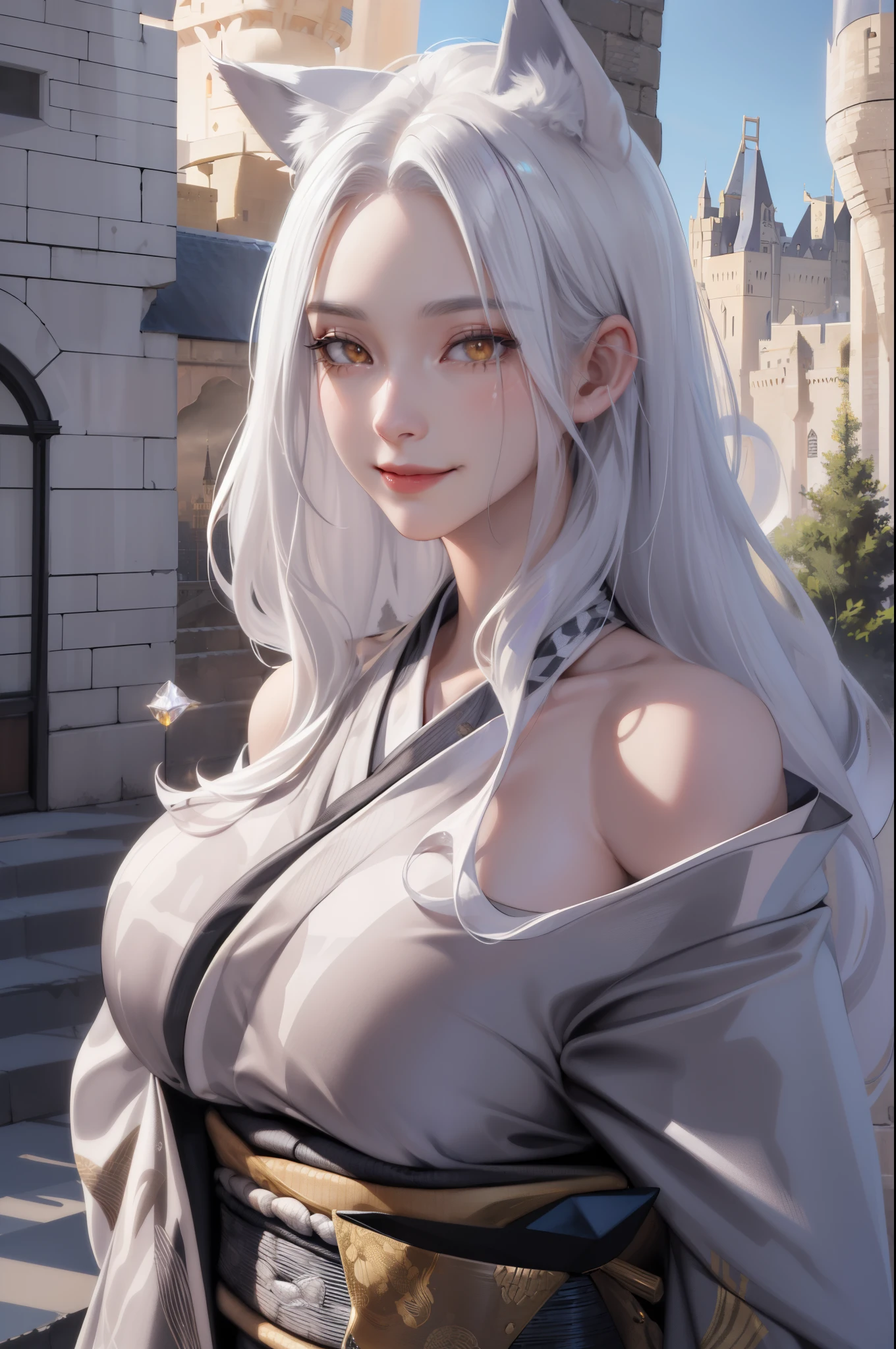 (masterpiece:1.2, best quality), (real picture, intricate details), (1lady, solo), upper body, close-up face, casual, natural fabrics, smile, Top Quality, Masterpiece, Hi-Res, Beautiful Face, photography, High Resolution, 4k, 8k, Asian face, platinum arm sleeve, detailed face, detailed eye, exposed shoulder, (((golden eyes, platinum cat ears, giant breast:1.5, platinum hair:1.5, crystal kimono:1.5, long curly hair:1.5, forehead, long locks))), ((platinum hair:1.5, crystal kimono:1.5)), ((background castle: 1.5)), crystal crown,