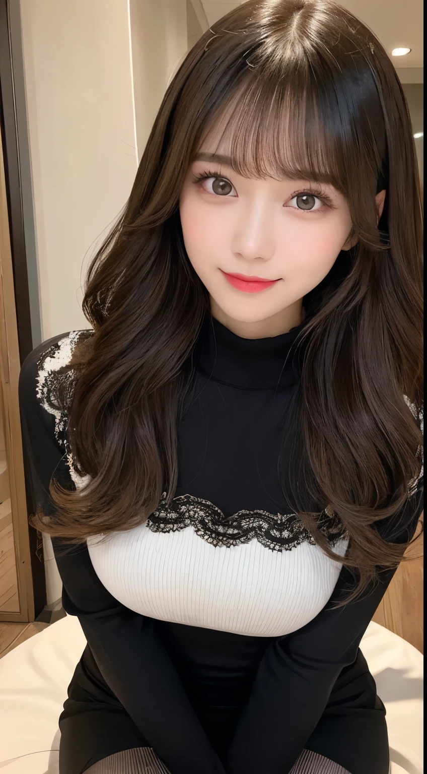 table top, highest quality, shape, Super detailed, finely, High resolution, 8k wallpaper, 完璧なダイナミックな構shape, beautiful and detailed eyes, Gorgeous and stylish black fluffy latest trend Tokyo winter clothes（long sleeve）,ランダムなcute髪,small breasts,natural color lip, bold sexy pose,smile、20 year old girl、cute、look at the cameraのセクシーショット,Always blur the background,perfect and beautiful face,Take only the face,beautiful and detailed face、slim face and style,Big eyes、Do gal makeup,real photos、Shot from below the knee、Luxury condominium top floor room、look at the camera、black tights、sexy legs