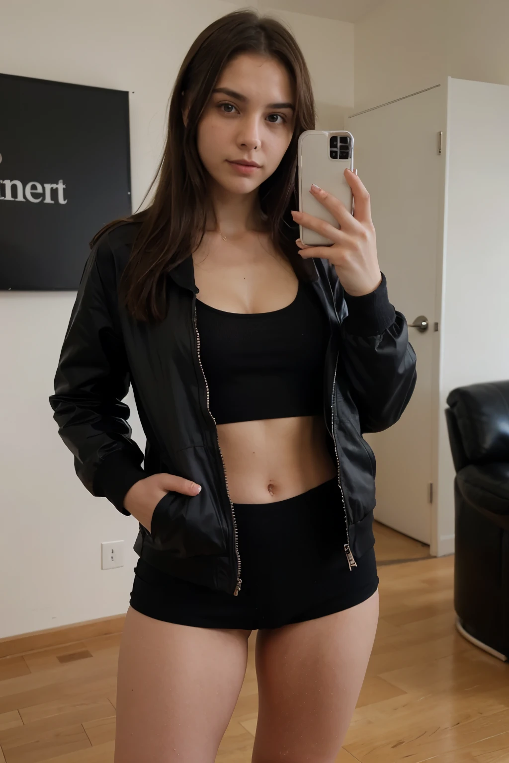 photograph of a 20 year old woman, cara perfecta, Obra maestra, Bien, ropa interior, negro_Bien, chaqueta, negro_bragas_