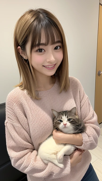 Face like Suzu Hirose、Holding a kitten、kitten is sleeping、wearing an oversized sweatshirt、hair is blonde、letting down one&#39;s bangs、long hairstyle、big breast bulge、smile、