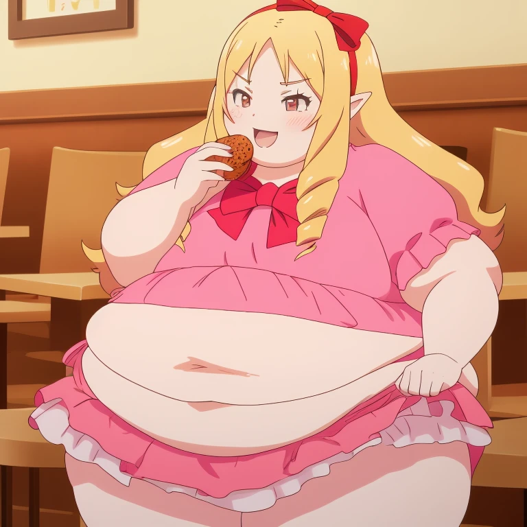 obese yamada elf, pink dress, white panties, very obese body, cute, fat belly, big cheek, thick thighs, hairband, long_hair, red_bow, , 8k, restaurant, masterpiece, absurdres, smile, open mouth, eating much food