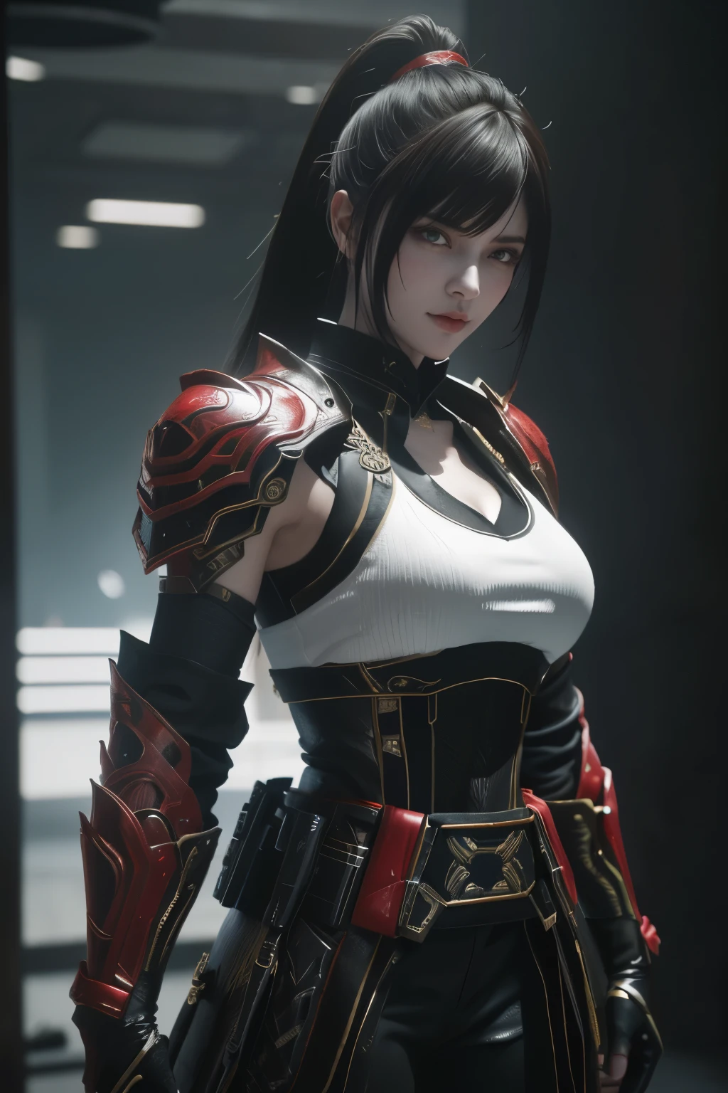 masterpiece,Game Art,Best picture quality,Maximum resolution,8K,((Above the waist:1.5)),(A bust photo),(portrait),(Head close-up),(Rule of Thirds),Unreal Engine 5 rendering works,(Digital Photography),(real picture:1.2),
20 year old girl,Short hair details,Long bangs,A face rich in detail,(The red eye makeup is carefully applied),(White，Red eyes with short hair,(Large target, Full ),Elegance and nobility,Brave and charming,
(Futuristic battle suit combined with medieval fantasy,Open coat,Combined Armor,Weapon Accessories,The costumes are rich in detail),Cyberpunk Characters,simple background movie lights，Ray tracing，Game CG，((3D Unreal Engine))，(Head focus)，OC rendering reflection mode