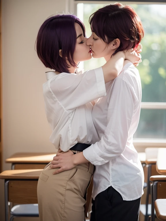 a teacher mateur woman age 40 big breasts wearing shirt open buttons and tight short skirt black stocking and student boy  18 wearing white shirt and long pant standing together, mateur women touching boy's face. Girl Long, purple hair, And a boyish short, red. they kiss standing up in the classroom. ((The guy has short red hair))

(material:illustartion),(Best Quality,hight resolution,Masterpiece:1.2),Ultra-detailed,(Realistic,Photorealistic,photo-realistic:1.37) 

(style of:in full height),(Vivid colors),(Soft color tones) 

(Light:soft-lighting),(bokeh).