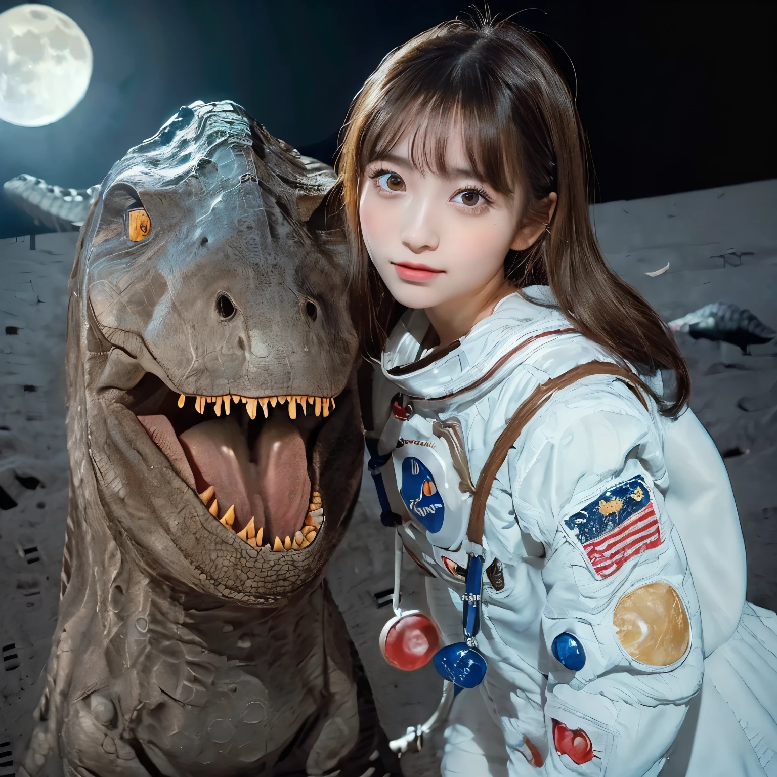 (Girl and dinosaur  on the moon:1.5) ,(moon landing:1.2),(dinosaur:1.2),Raw photography,(Ultimate Beauty Portrait、glistning skin、女の子1人、frightened、bright expression、brown haired、Big eyes that shine like jewels、Harajuku、24 year old beautiful girl),space suit,China flag ，ighly detailed