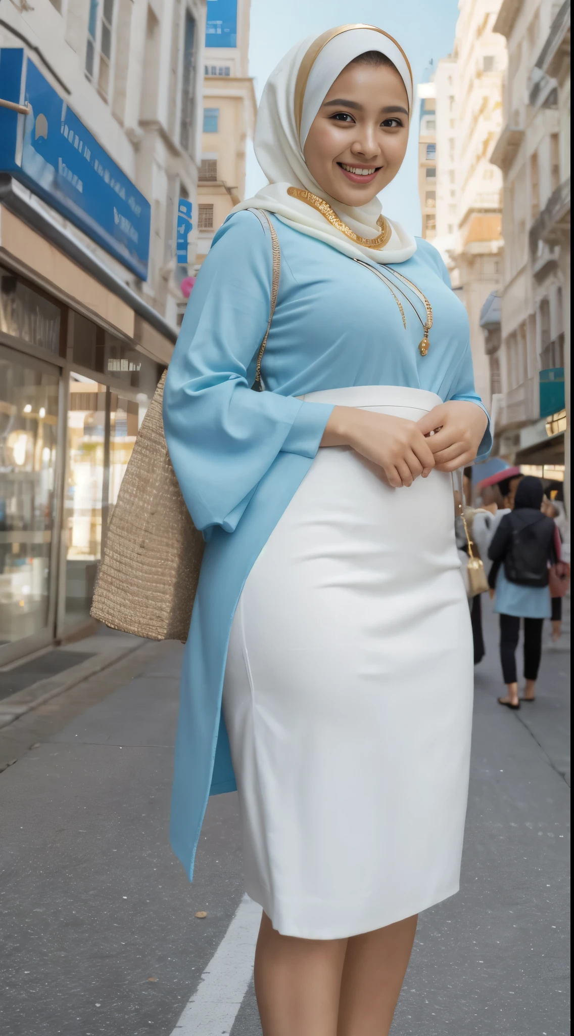 Malay girl long white hijab , wear sexy pastel blue office outfit, suits, smiling, wear gold necklace, front view, windy, detail skin, age spot, detail skin texture, mole below eyes, wide hips, thick thighs, beautiful body, morning, laughing, happy, bright lighting, people in background, nighttime, blur background, bokeh, location: kuala lumpur city street