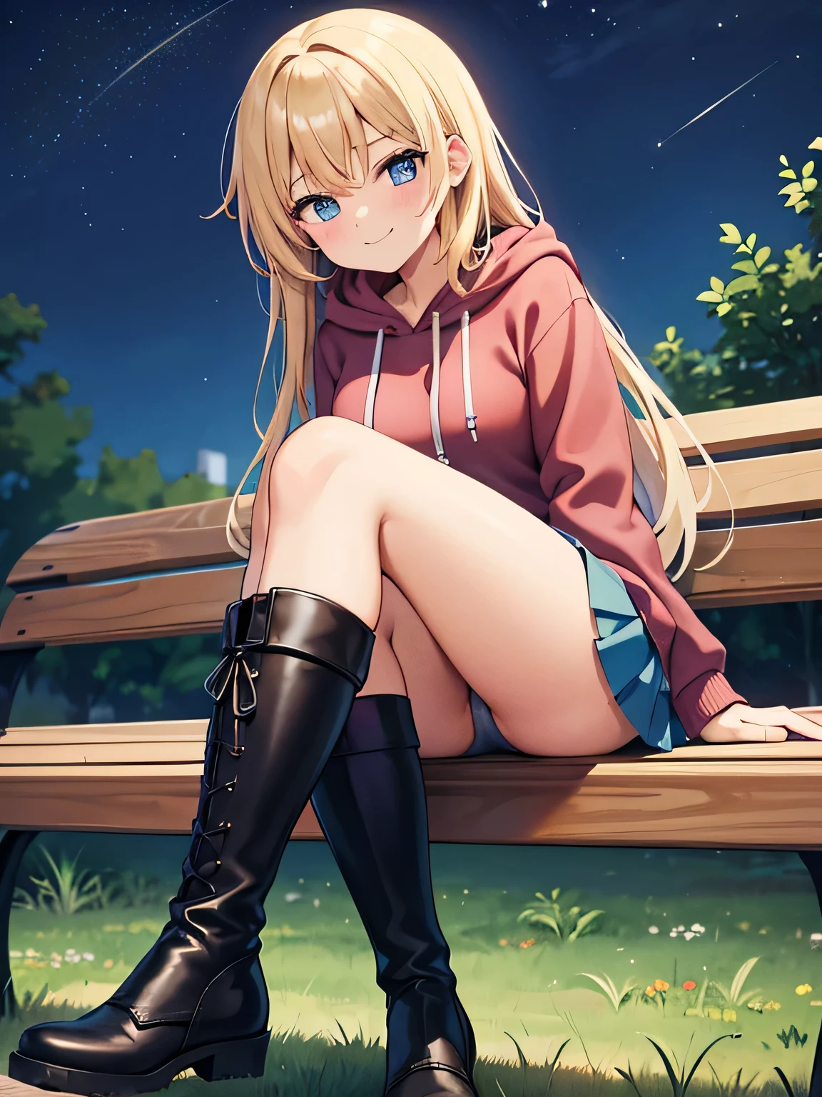 (1) A woman is sitting cross-legged on a bench. The color of the pants you can see is blue..
(2) She's a gal, Baby-faced but with heavy makeup. she has long blonde hair.
(3) The woman is wearing a brightly colored hoodie, Mini skirt and platform long boots.
(4) The woman's expression is a smile.
(5) The location is a park bench at night surrounded by a forest..