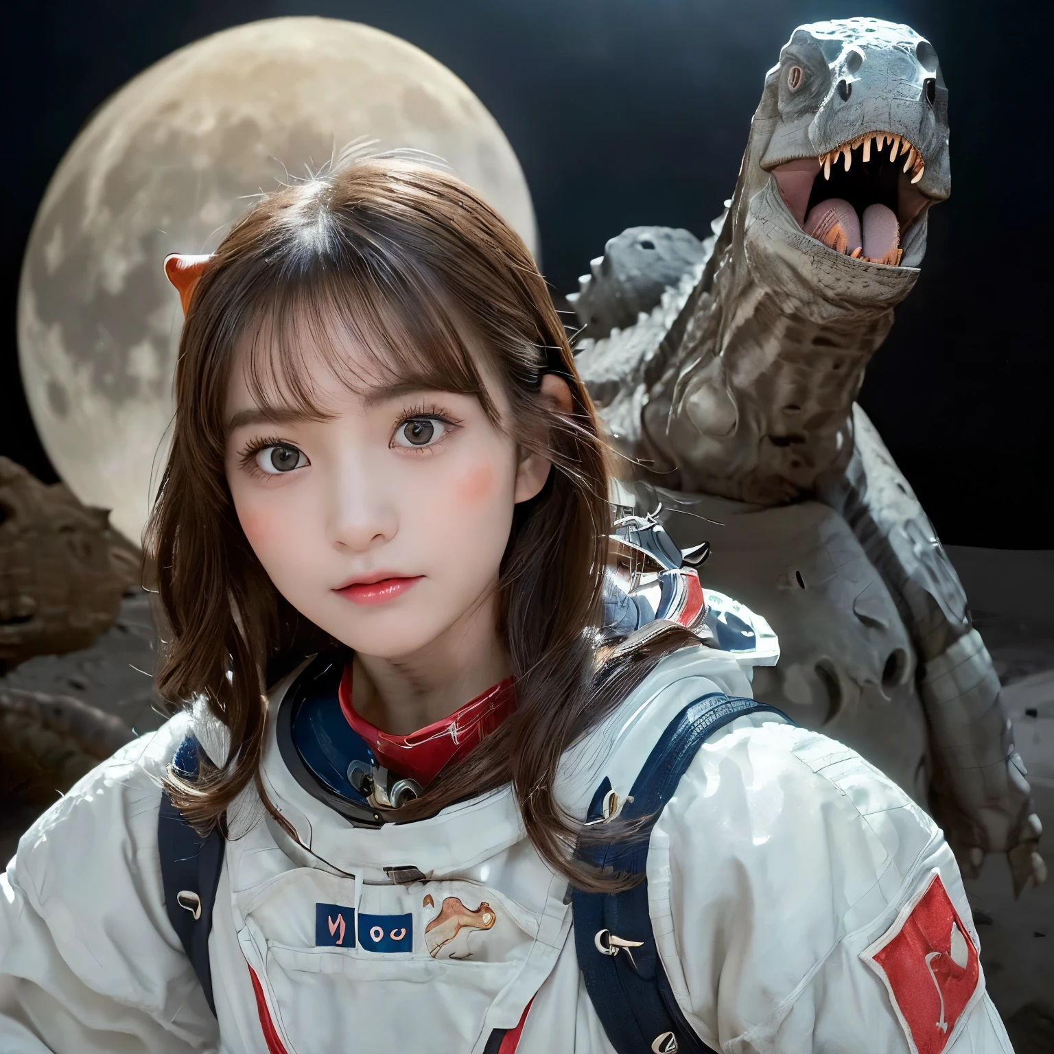(Girl and dinosaur  on the moon:1.5) ,(moon landing:1.2),(dinosaur:1.2),Raw photography,(Ultimate Beauty Portrait、glistning skin、女の子1人、frightened、bright expression、brown haired、Big eyes that shine like jewels、Harajuku、24 year old beautiful girl),space suit,China flag ，ighly detailed