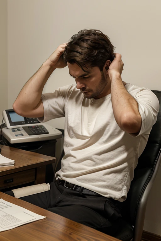 A poor 30-year-old man sits in a chair extremely frustrated with his own financial situation with bills to pay around him and a calculator on the table.