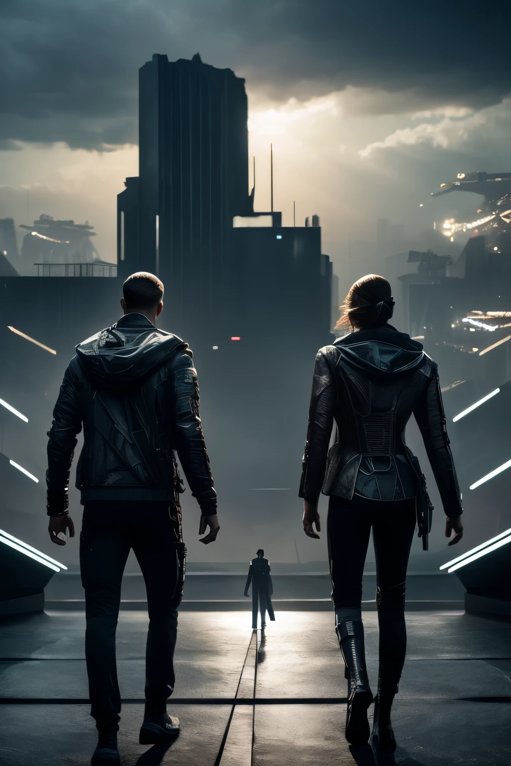 man and woman wear jacket, view from behind, dynamic pose, cinematic lighting, dystopian science fiction, science fiction digital art, digital art, digital art, sci-fi digital art illustration. 8k high detail concept art,
