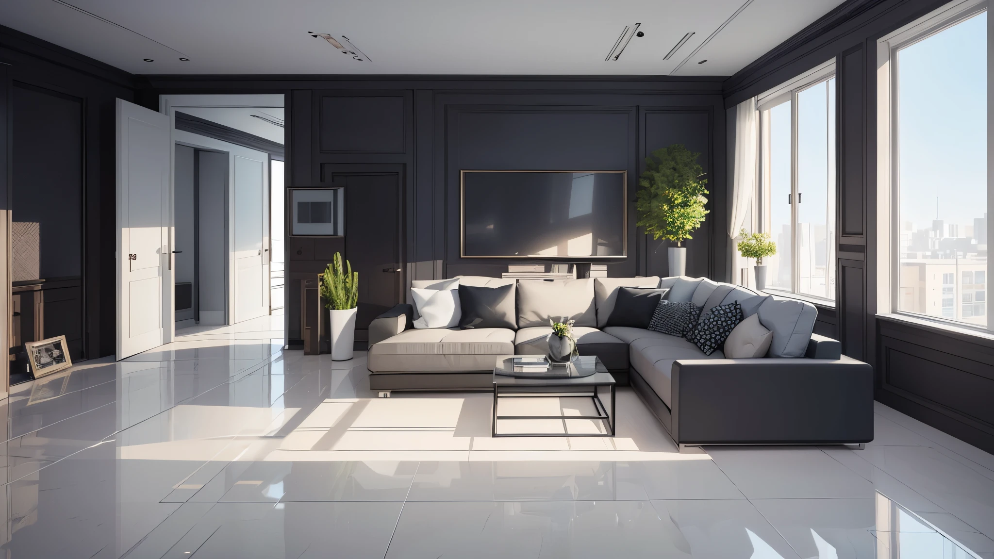 You are a famous interior designer、You have been asked to create a 3D image of a modern large room. Create a harmonious environment with modern and minimalist furniture. Including garden interior.