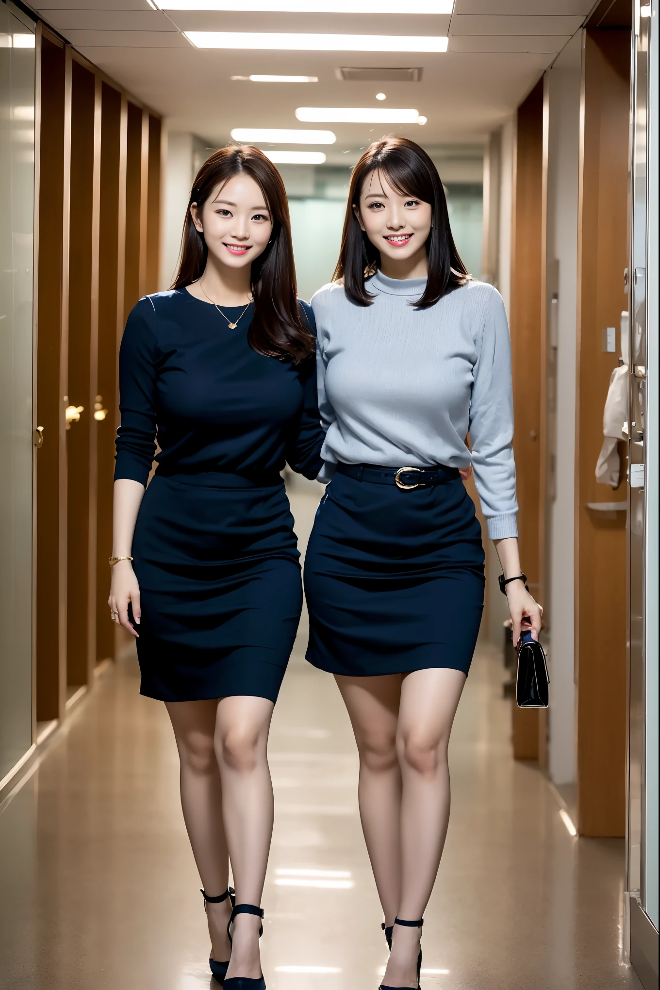 (Best Quality, Masterpiece, Photo realistic, Ultra Detailed, ultra high res, raw:1.3), (3girls, group shot), beautiful, Japanese, mature, 28yo, office workers, ({gold| silver| wine red| blue| navy| pink} clothes:1.3), (tight knit, short skirt), (big breasts:1.3), (bangs), high-waist, (smile), necklace, (long legs, high heels, full body:1.2), (office, hallway), (crowd)