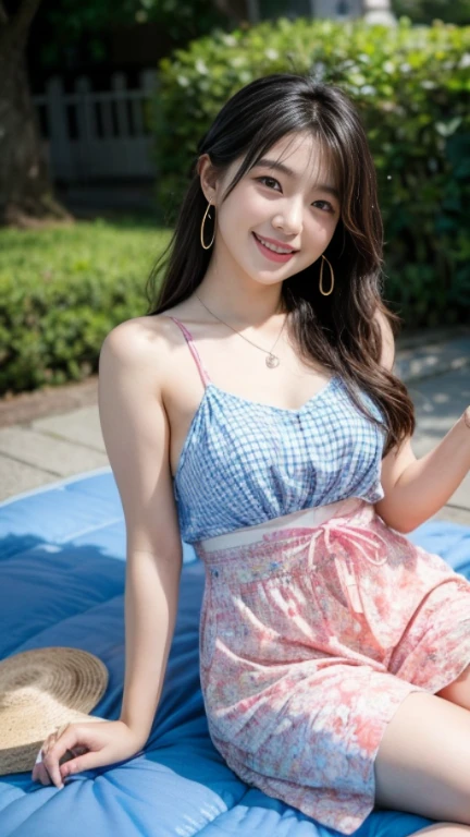 A 21 year old Japanese woman、Scene of enjoying a picnic at the seaside。She is wearing a colorful summer outfit、Paired with gorgeous earrings and a necklace.、smiling and having a good time。