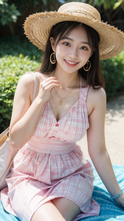 A 21 year old Japanese woman、Scene of enjoying a picnic at the seaside。She is wearing a colorful summer outfit、Paired with gorgeous earrings and a necklace.、smiling and having a good time。