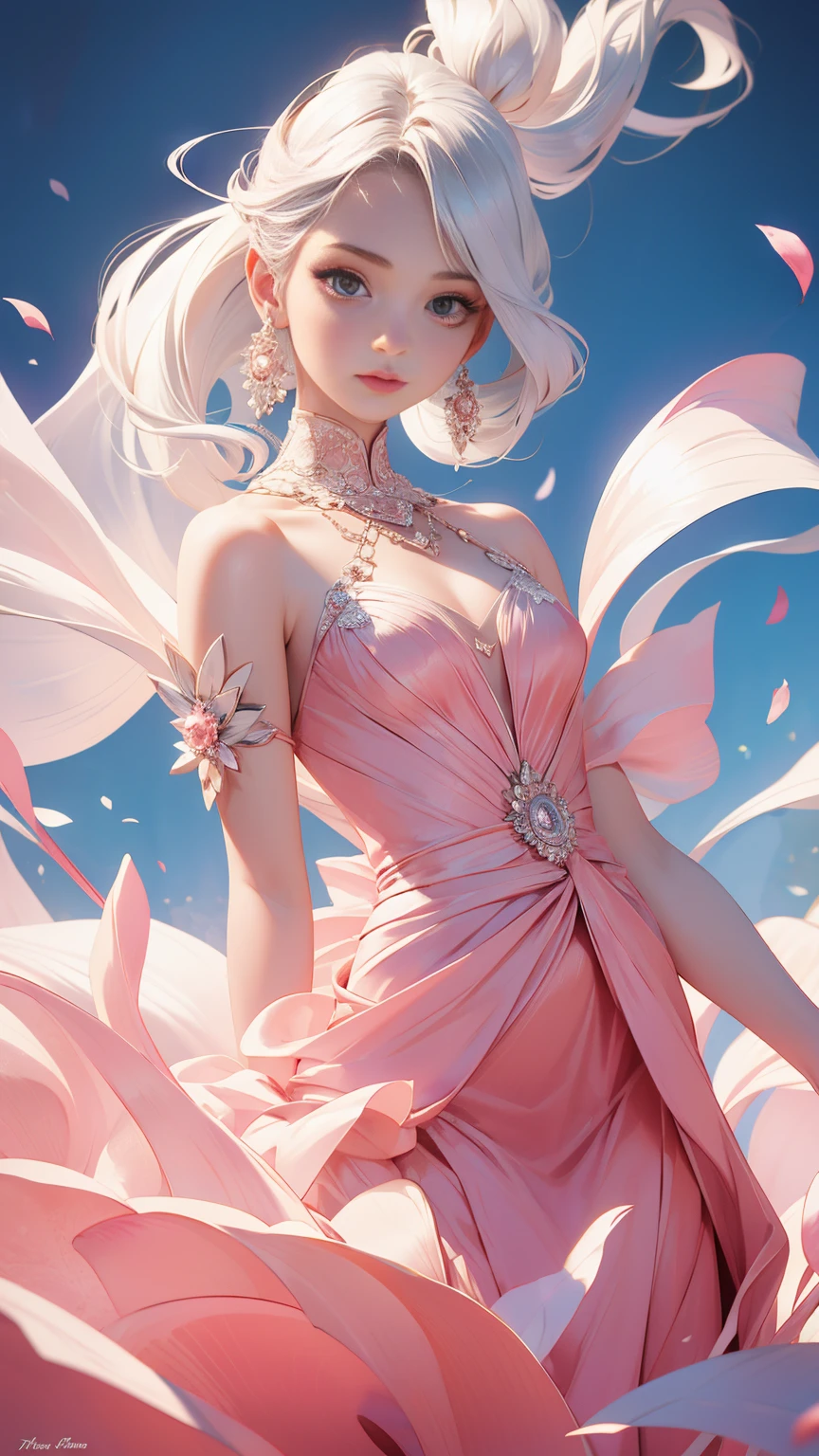 anime , realistic, On a sunny day, overhead view of a beautiful woman in a dramatic pose, her long luxurious pink flowing dress and white hair spinning in a whirlwind, draped in an exquisitely tailored couture outfit that features intricate details, luxurious fabrics patterns, sees to the sky as she embodies the epitome of sophisticated and stylish high fashion. The figure is in motion, exuding an air while wearing a dress that is a masterful fusion of contemporary design and timeless, Pink theme
