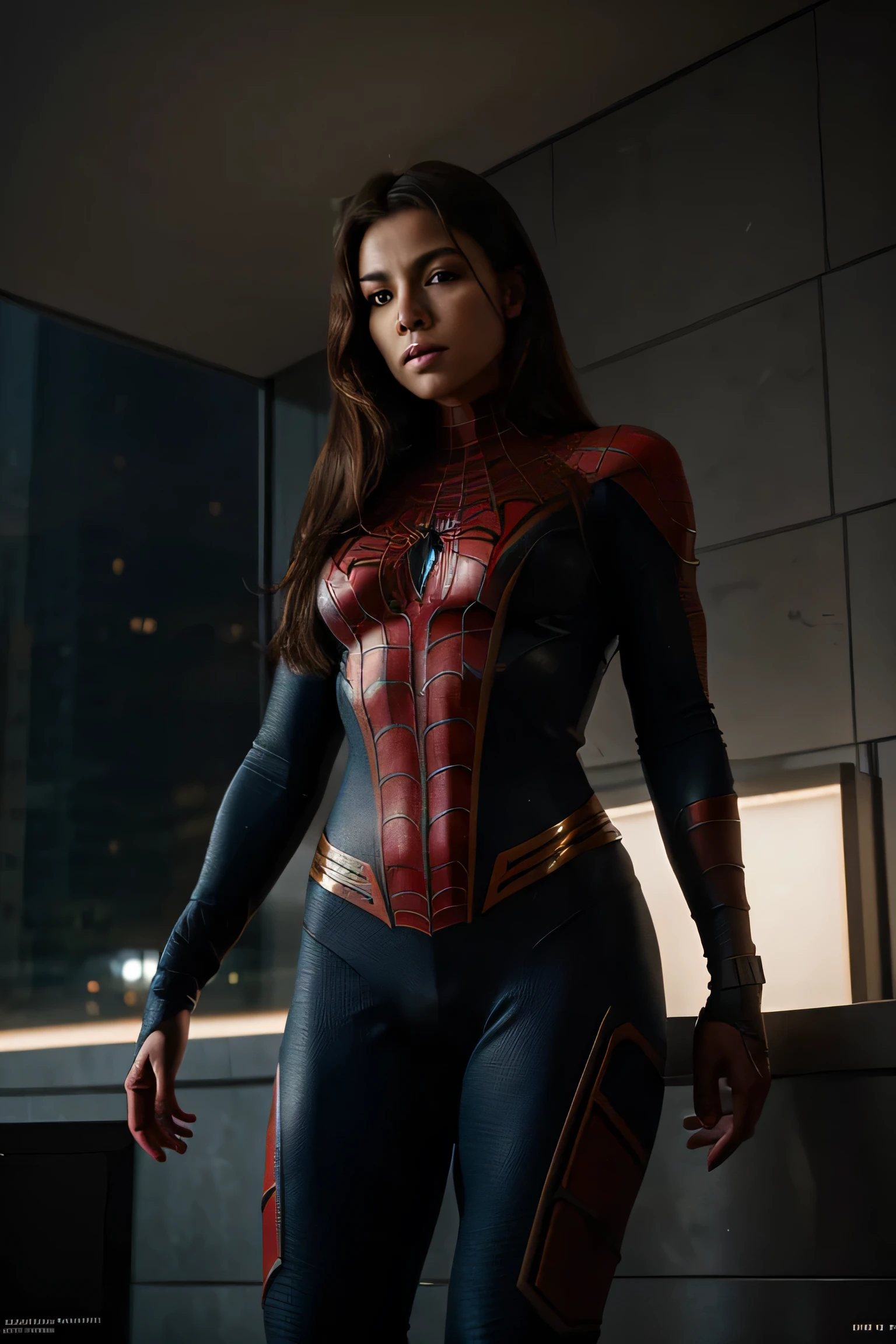 full body shot, photo portrait of female Spiderman, atmospheric scene, masterpiece, best quality, (detailed beautiful face, detail skin texture, ultra-detailed body:1.1),