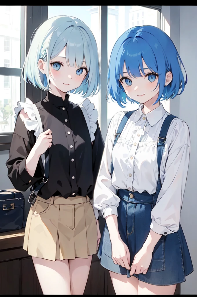 (masterpiece), (best quality), (ultra detailed),(disheveled hair),(illustration), ((twins sisters, blue hair)(2woman)), short hair, standing, Fashion model ( modern clothes)( black clothes), looking at viewer, (interview), (casual school background),beautiful blue eyes, delicate beautiful face, ,(high saturation),(colorful splashes),(shining), kamisato ayaka, blue hair (shining), bangs, best lighting, best shadow. smiling