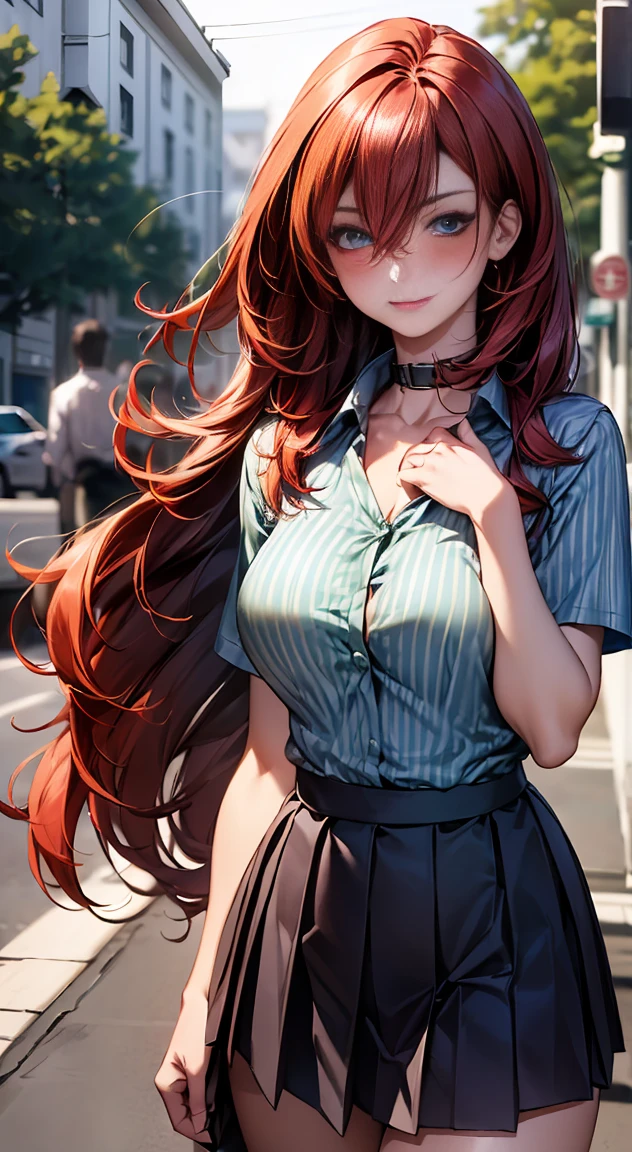 (masterpiece:1.2, highest quality), (realistic, photorealistic:1.4), beautiful illustrations,
looking at the viewer, whole body, Front view:0.6,
1 female, Japanese, high school girl, ((Red hair long hair:1.5, comb your hair:1.4)), blown hair, bangs, hair between eyes, big breasts:0.8,
beautiful hair, beautiful face, beautiful and detailed eyes, (blue eyes:1.3), beautiful clavicle, beautiful body, beautiful breasts, beautiful thighs, beautiful feet, beautiful fingers,
(beautiful scenery), Outside the convenience store,
((Short sleeve shirt with collar, white and green striped shirt, green pleated skirt, Black apron)):1.3, white panties,
(Are standing, lift the skirt, Grab the hem of the skirt, put your hand on your chest, hand between legs),
(glare at the viewer while blushing:1.3)