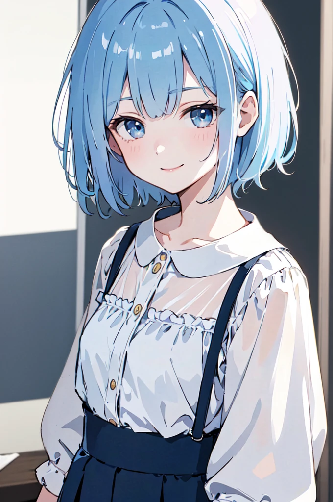 (masterpiece), (best quality), (ultra detailed),(disheveled hair),(illustration), 1 woman , short hair, standing, Fashion model ( modern clothes), looking at viewer, (interview), (casual school background),beautiful blue eyes, delicate beautiful face, ,(high saturation),(colorful splashes),(shining), kamisato ayaka, Navy blue (shining), bangs, best lighting, best shadow. smiling