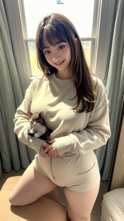 Face like Suzu Hirose、Holding a kitten、kitten is sleeping!wearing an oversized sweatshirt、hair is blonde、letting down one's bangs、long hairstyle、big breast bulge、smile、