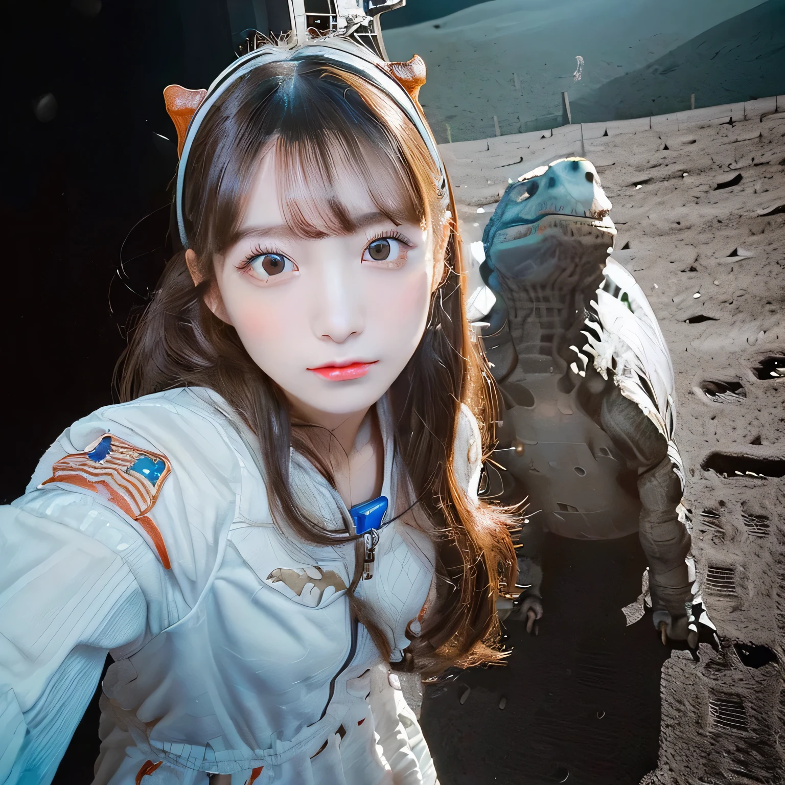 (Girl and dinosaurs  aking selfie on the moon:1.5) ,(landing on the moon:1.2),(dinosaurs:1.2),original photography,(ultimate beauty portrait、sparkling skin、1 girl、frightened、huge,bright expression、brown hair、Big eyes sparkling like gems、Harajuku、24 year old beautiful girl),space suit,Flag of China ，Very detailed