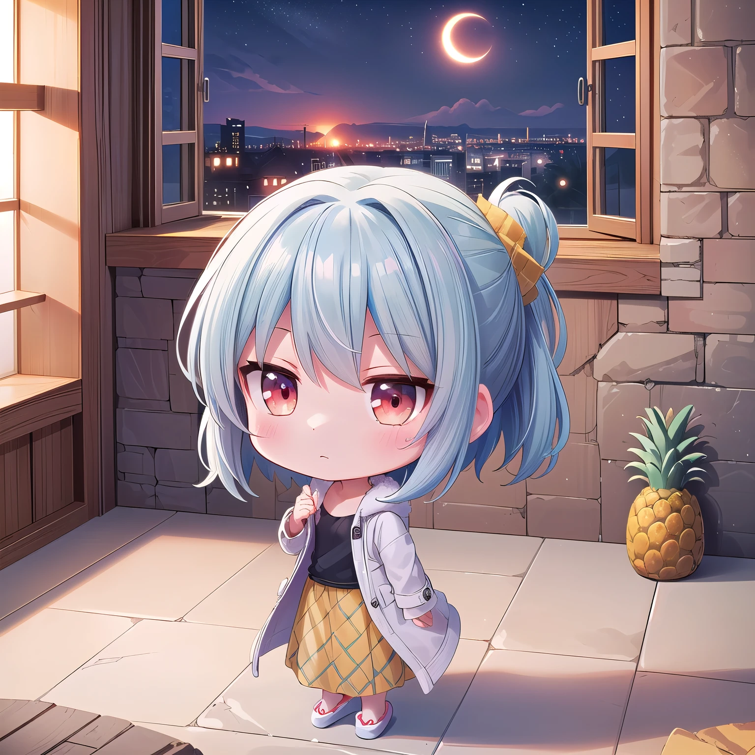 ((Chibi, miniature, REAL, pineapple, 3DCG, Nendoroid, 1 girl: 1.3)) ,(Masterpiece, almond-shaped eyes, glossy white-blue hair, short chignon hair, top quality, carefully drawn fingertips, beautiful anatomy : 1.4), (half body: 1.3), (Red cheeks, indifference, no expression, hair blowing in the wind: 1.2), (Slim and warm clothes, warm denim coat,warm drape long skirt,Fluffy slipper,Fluffy one piece,Celebrity Life style, sunset: 1.2), (pineapple building, night plate,stone wall,Window,stone floor:1.3)