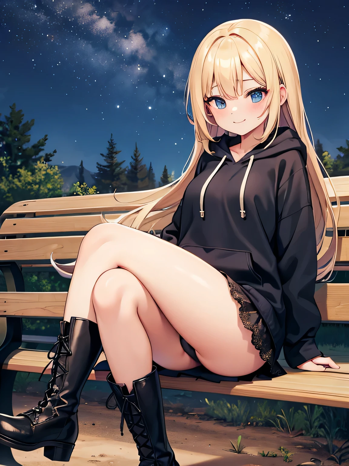 (1) A woman is sitting cross-legged on a bench. her visible panties are black lace.
(2) She&#39;s a gal, -faced but with heavy makeup. she has long blonde hair.
(3) The woman is wearing a brightly colored hoodie, Mini skirt and platform long boots.
(4) The woman&#39;s expression is a smile.
(5) The location is a park bench at night surrounded by a forest..