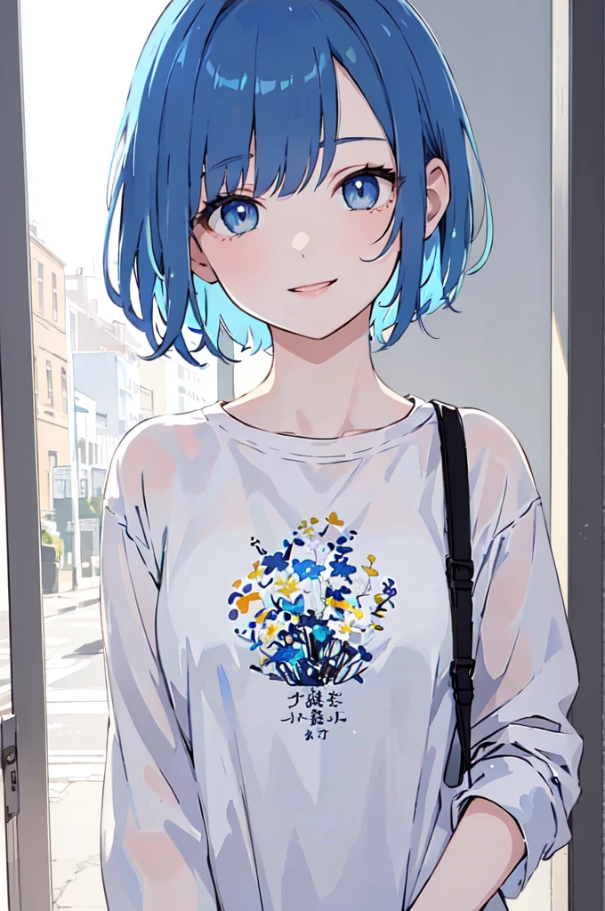 (masterpiece), (best quality), (ultra detailed),(disheveled hair),(illustration), 1 woman , short hair, standing, Fashion model ( modern clothes), looking at viewer, (interview), (casual school background),beautiful blue eyes, delicate beautiful face, ,(high saturation),(colorful splashes), (shining), Navy blue hair (shining), bangs, best lighting, best shadow. smiling