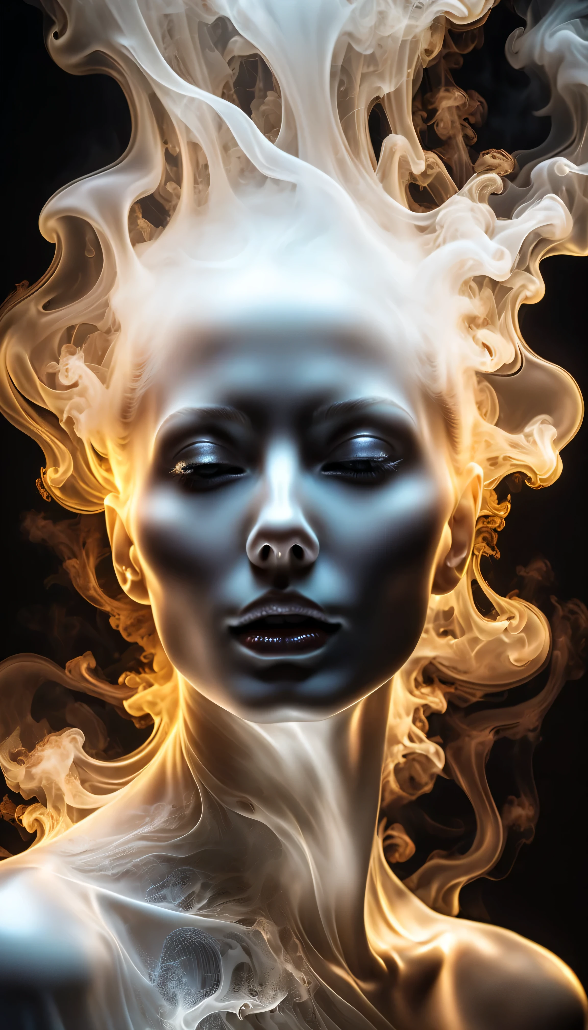 , Ultra detailed Ultra realistic portrait of a ghost-like form of beautiful woman surrounded by steam , backlit, smoky,  work of beauty and complexity, 8kUHD,  flowy 
translucent,  work of beauty and awe, steamy, backlit, alberto seveso style, close-up , iridescent glow 