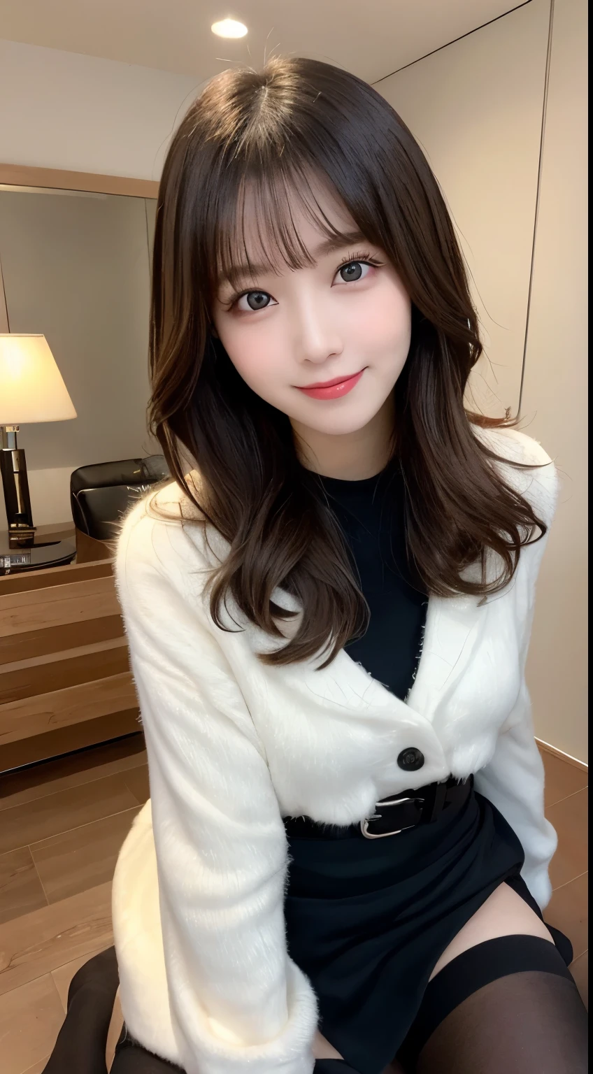table top, highest quality, shape, Super detailed, finely, High resolution, 8k wallpaper, 完璧なダイナミックな構shape, beautiful and detailed eyes, Gorgeous and stylish fluffy latest trend Tokyo winter clothes（long sleeve）,ランダムなcute髪,small breasts,natural color lip, bold sexy pose,smile、20 year old girl、cute、look at the cameraのセクシーショット,Always blur the background,perfect and beautiful face,Take only the face,beautiful and detailed face、slim face and style,Big eyes、Do gal makeup,real photos、Luxury condominium top floor room、look at the camera、black tights、sexy legs、Take a full body photo