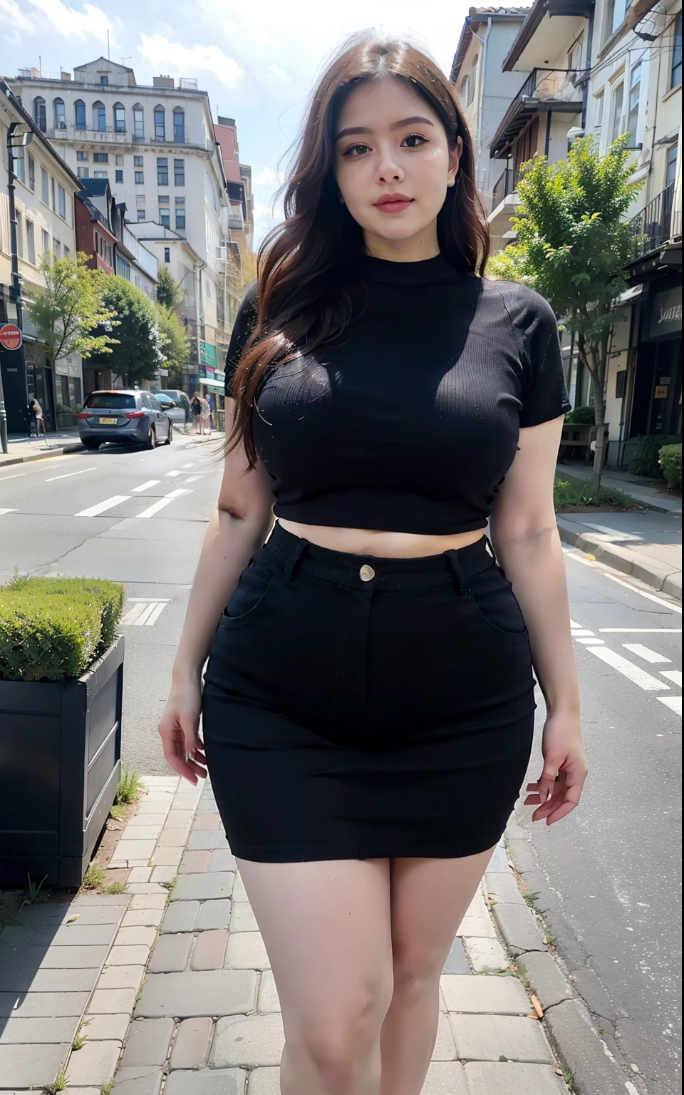 araffe asian woman in a skirt and t - shirt walking down a street, bbwchan, thicc, she has a jiggly fat round belly, big stomach, japanese model, thick body, wearing tight shirt, tight shirt, curvy model, wearing tight simple clothes, skinny waist and thick hips, gorgeous young korean woman, korean girl, japanese goddess