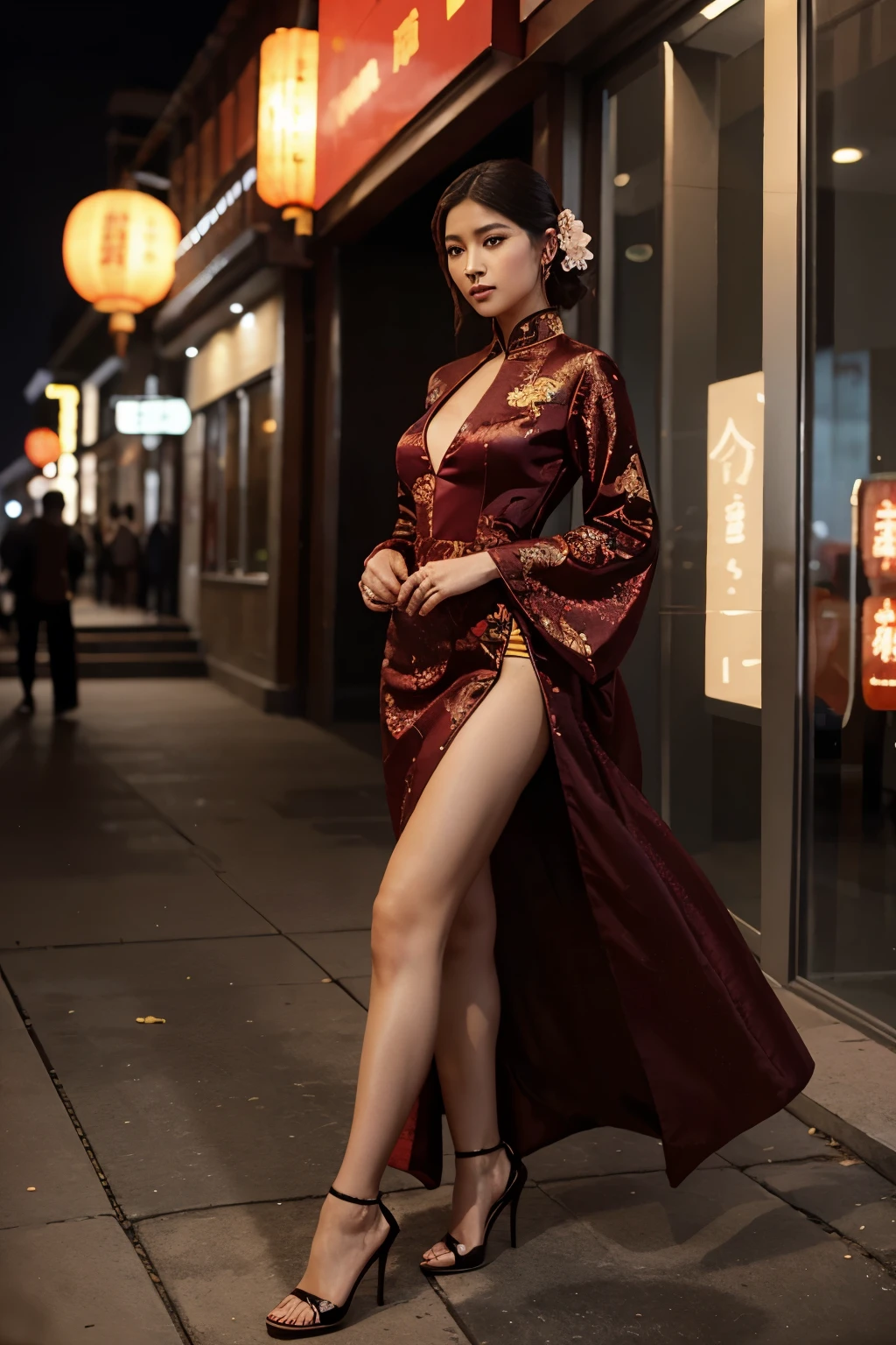 painting of a woman,Chinese,wear evening gown,High heel