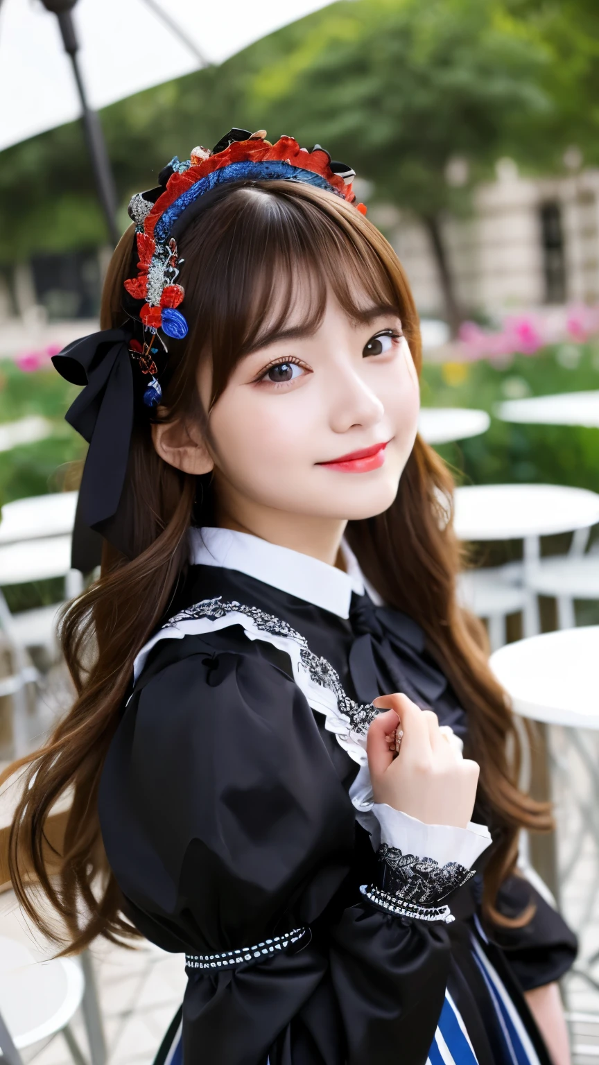 (best quality, ultra-high resolution, real, photorealistic:1.4, 8K), BREAK, a Japanese girl, (full body:1.5), BREAK, detailed hair, long brown hair, (colorful hair:1.2), hyper-detailed face, hyper-detailed skin, white skin, brown eyes, blushing cheeks, detailed red lips, drunk, BREAK, smile, BREAK, detailed clothings, (Van Gogh theme, Gothic Lolita:1.2, Gothic Lolita umbrella:1.3), BREAK, (in the cafe terrace:1.4)
