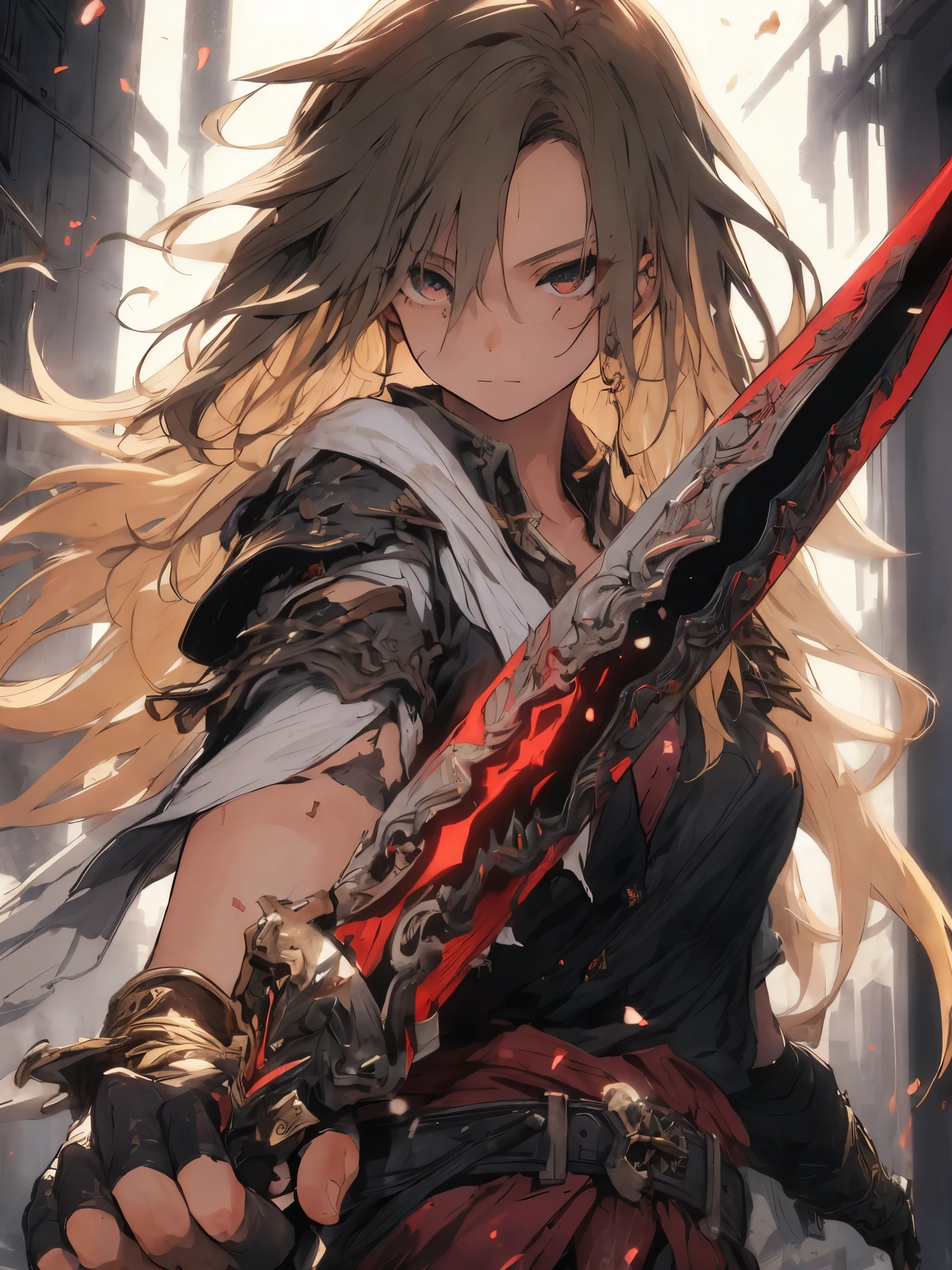 Girl, blond hair, tattered clothes, holding a sword, high quality, masterpiece, super detailed,