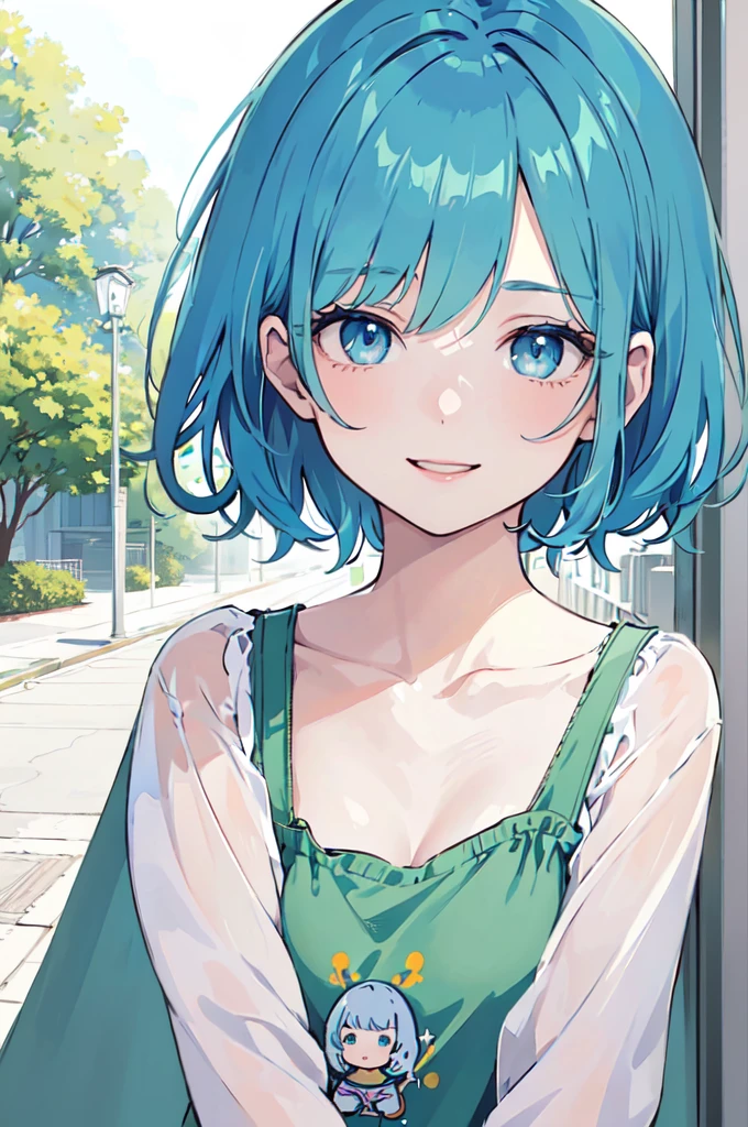 (masterpiece), (best quality), (ultra detailed),(disheveled hair),(illustration), 1 woman , short hair, standing, Fashion model ( modern green clothes), looking at viewer, (interview), (casual school background),beautiful blue eyes, delicate beautiful face, ,(high saturation),(colorful splashes), (shining), Navy blue hair (shining), bangs, best lighting, best shadow. smiling