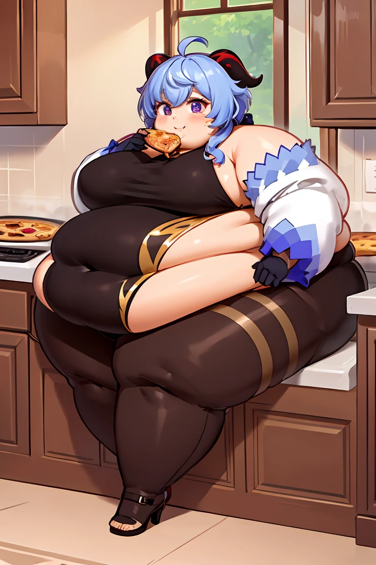 fat body, fat arms, masterpiece, best quality, 1girl, solo, fat belly, thick thighs, long hair, breasts, looking at viewer, big cheeks, cute and fat face, bangs, gloves, bare shoulders, fat neck, medium breasts, cute pose, blue hair, purple eyes, pantyhose, horns, black gloves, high heels, from side, black pantyhose, smile, sideboob, obese ganyu (genshin impact), Fat Ganyu, happy, eating much flower pizza, closed kitchen , sitting and eating, holding pizza with one hand, a lot pizza and food