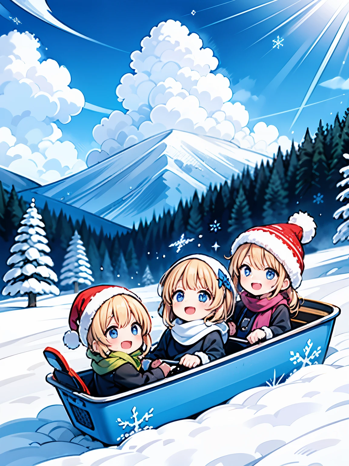 Winter resort, a girl sledding down a snowy mountain, blue sky and white clouds, fluffy scarves and hats, smiling faces and cheerful voices, sparkling snowflakes