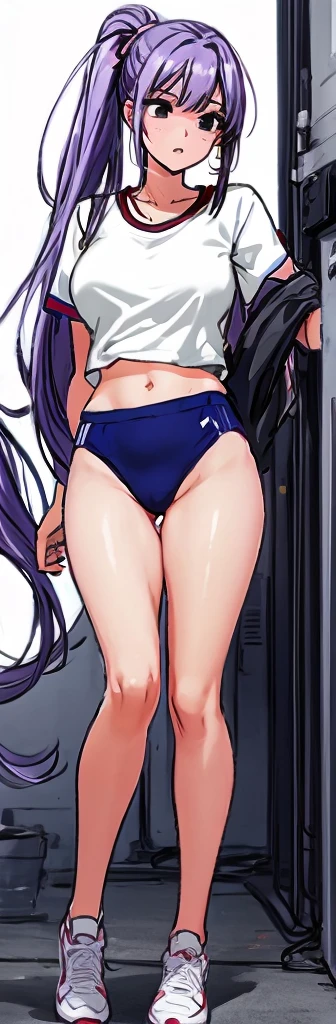 A tall beautiful woman with a mature face and beautiful legs, her long mauve-purple hair tied into a ponytail with a light pink ribbon, is standing in white gym clothes and navy blue bloomers shaped like panties.。mouth open。school playground。